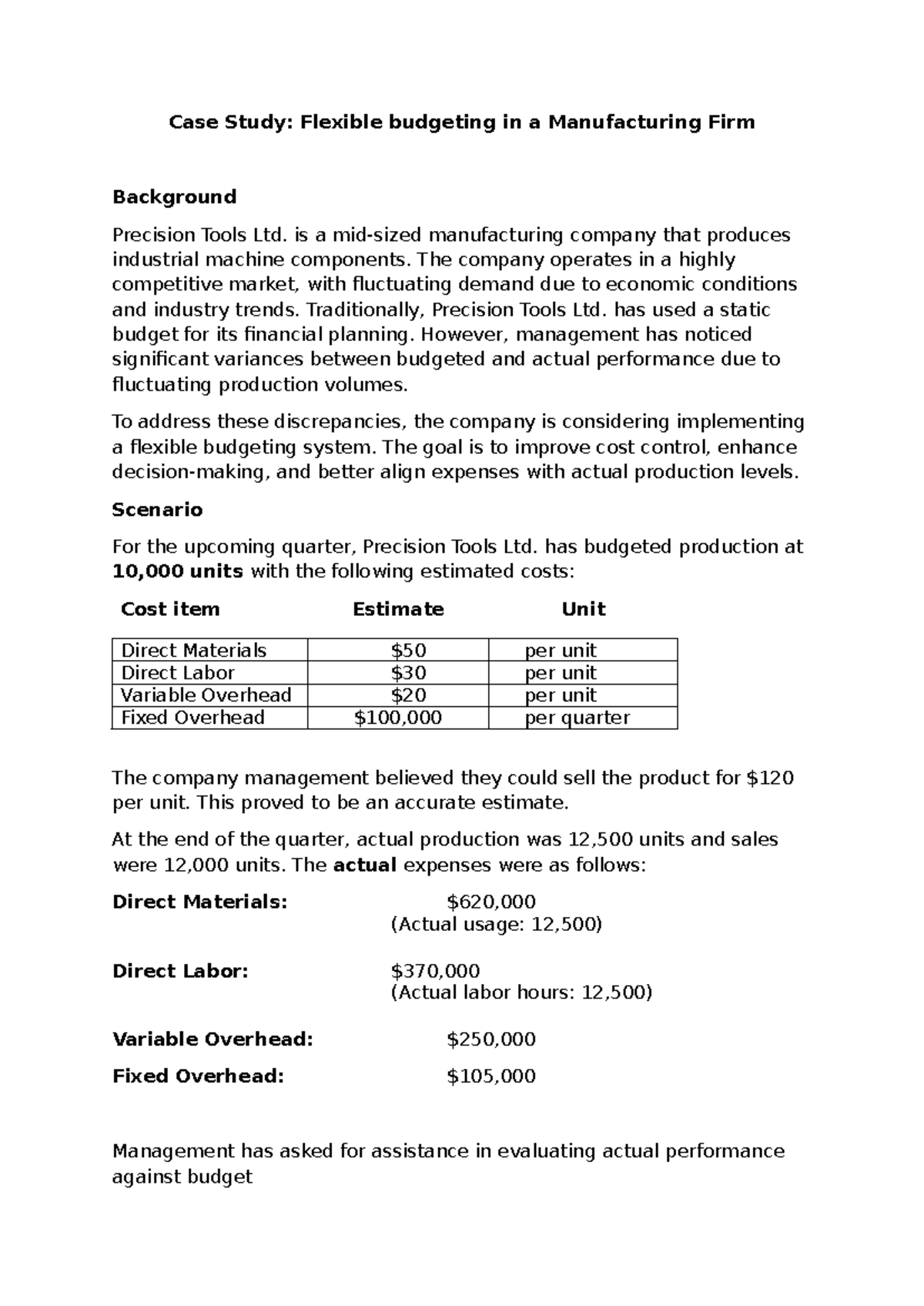 Case Study: Flexible Budgeting in MFG Firm (Precision Tools Ltd.) - Studocu