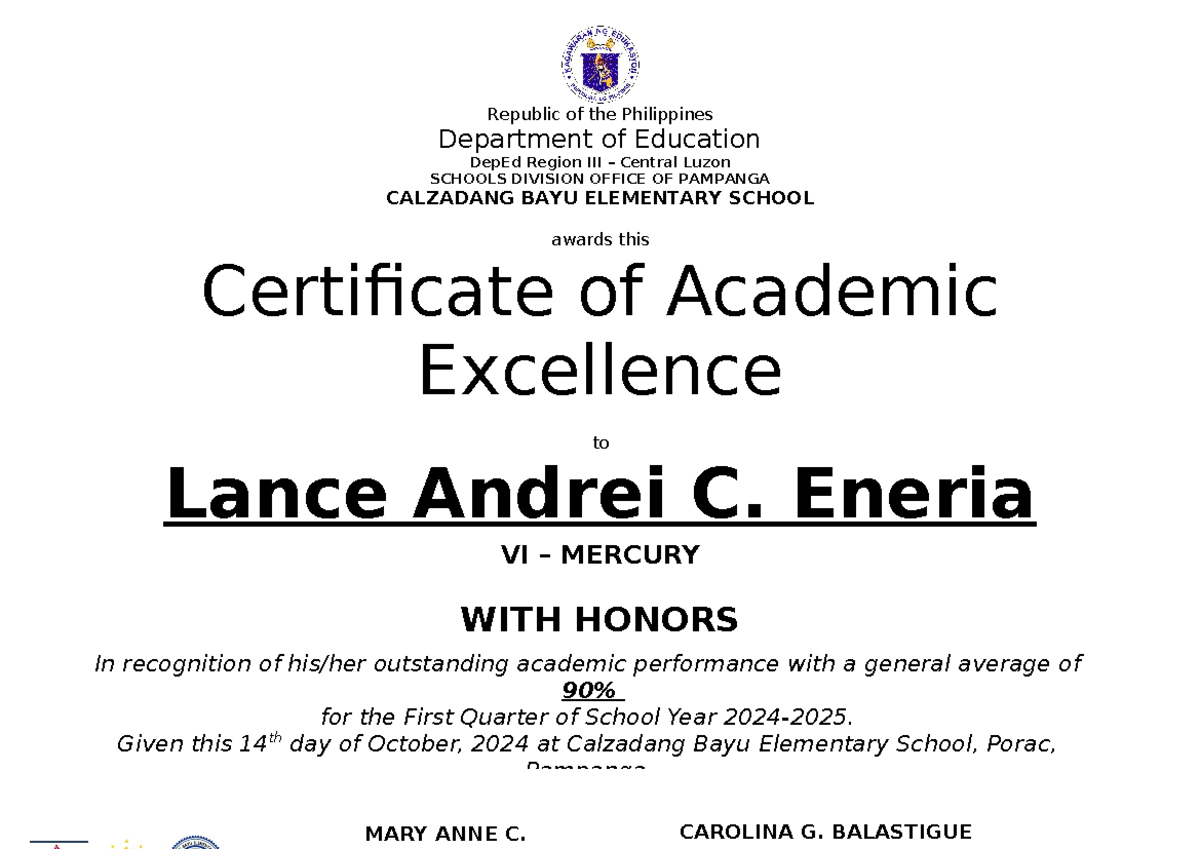 Academic Excellence Certificate Template Deped