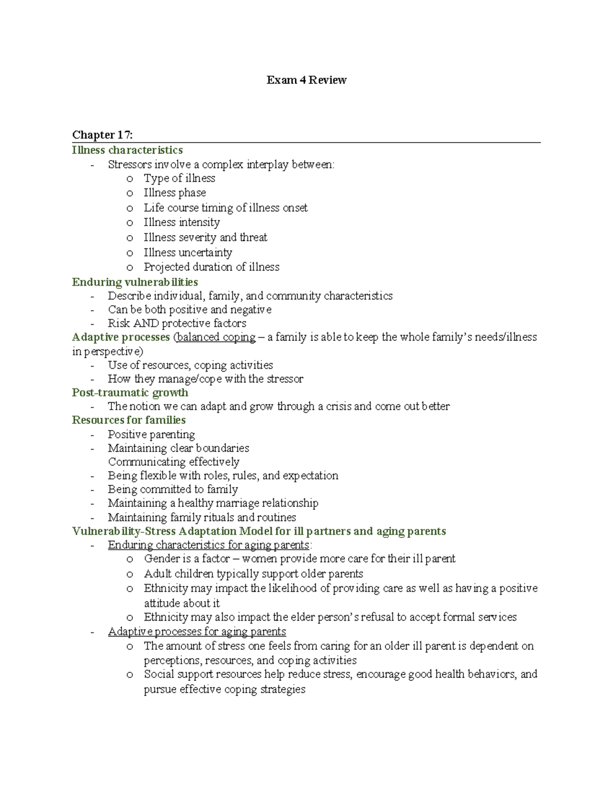 Exam 4 Study Guide: Understanding Illness, Family Stress, and Substance ...