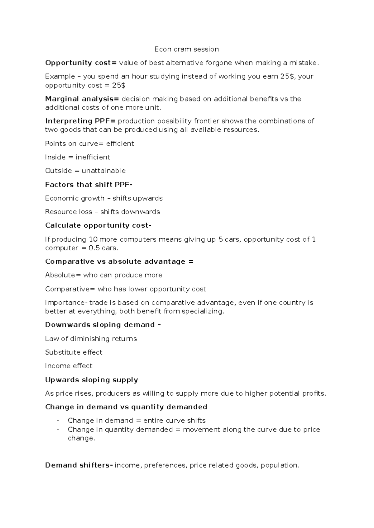 Econ 101 Final Exam Cram Notes: Opportunity Cost & Market Dynamics ...