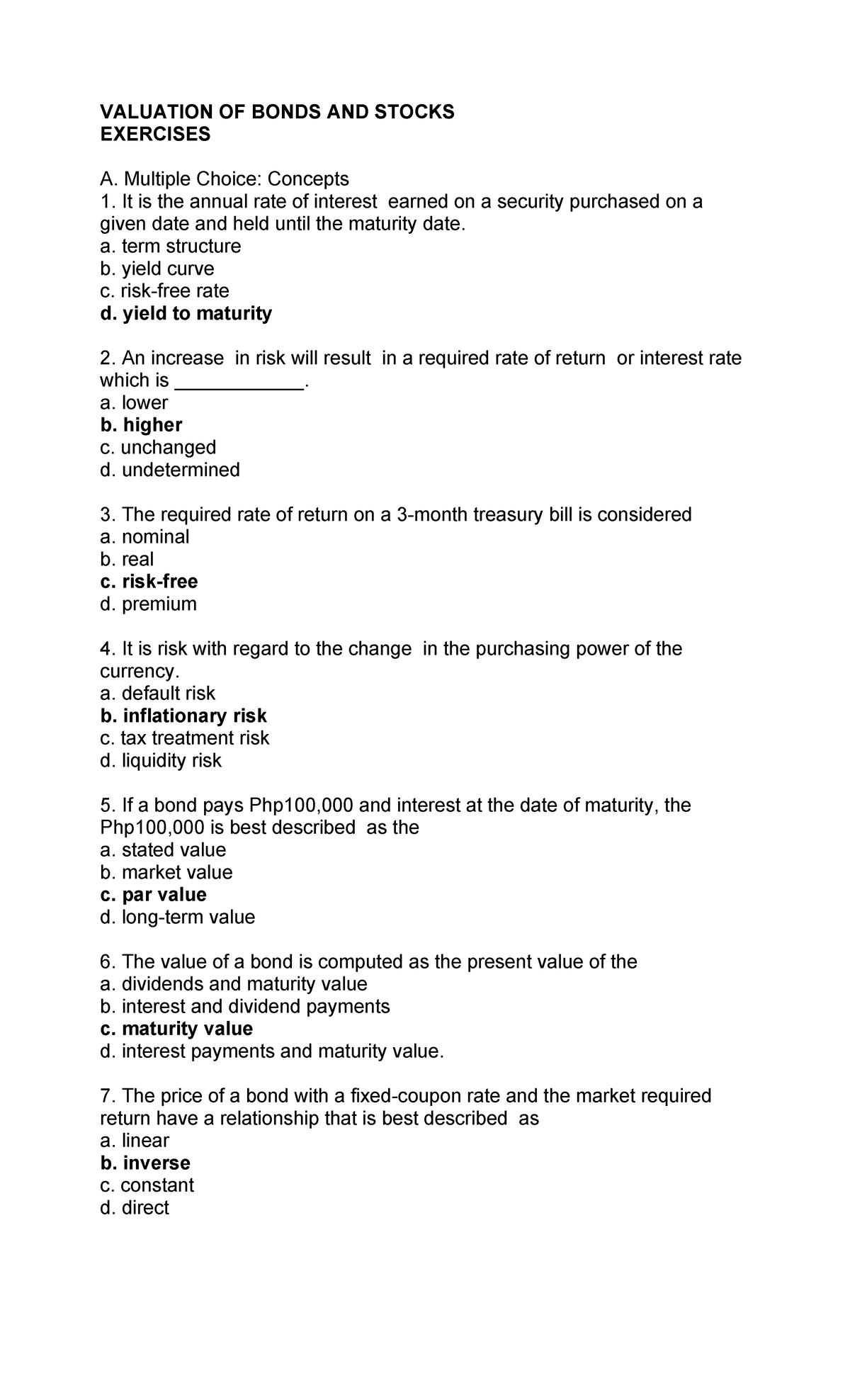 BOND AND STOCK VALUATION EXERCISES: MCQs and Calculations - Studocu