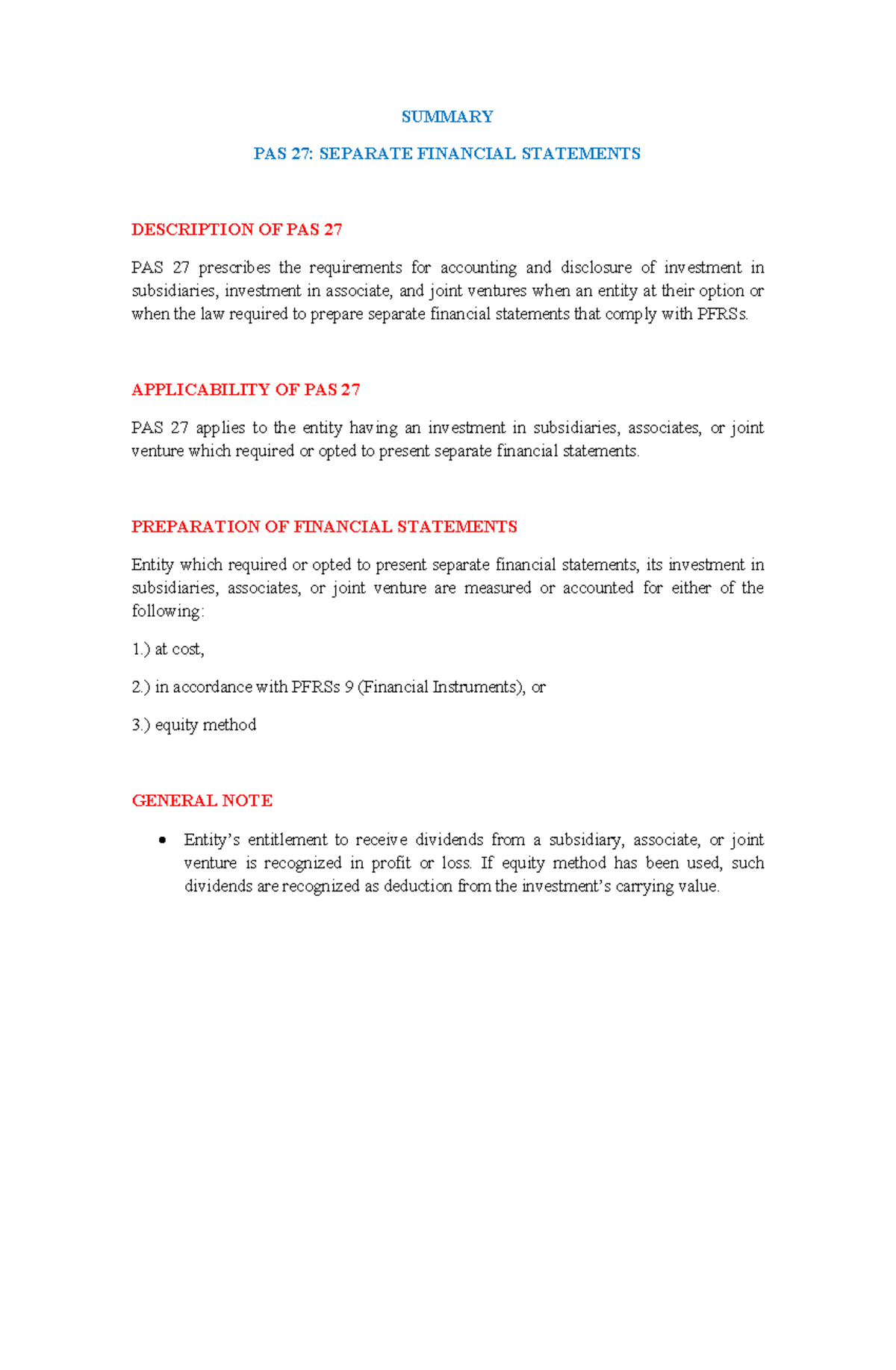 PAS 27 Summary - Separate Financial Statements Overview - Studocu
