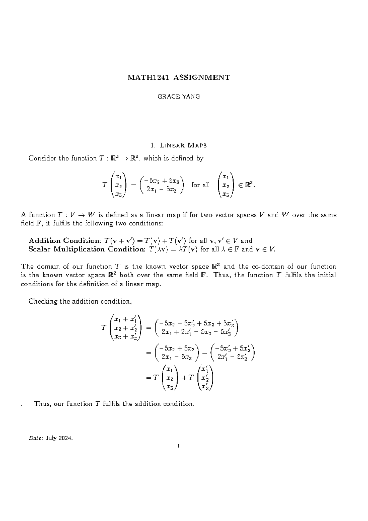 MATH1241 ASSIGNMENT: Linear Maps & ODE Modeling Analysis - Studocu