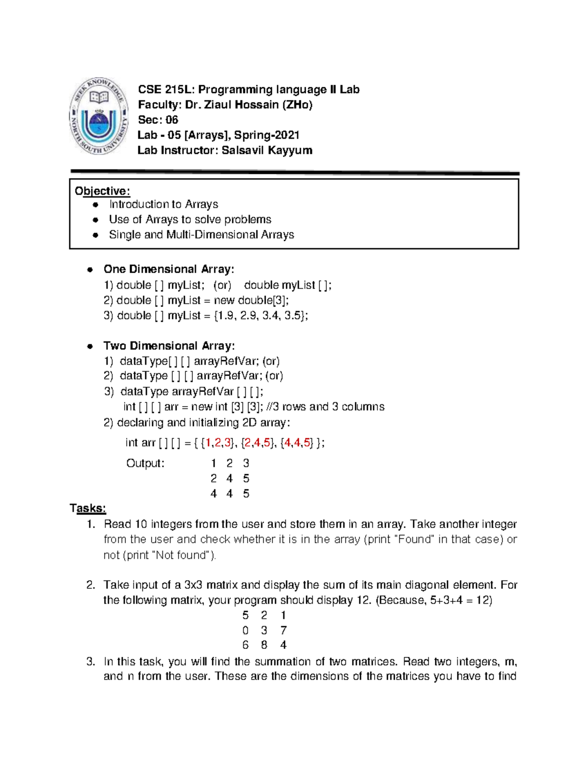 CSE 215L: Lab 05 - Introduction to Arrays and Matrix Operations - Studocu