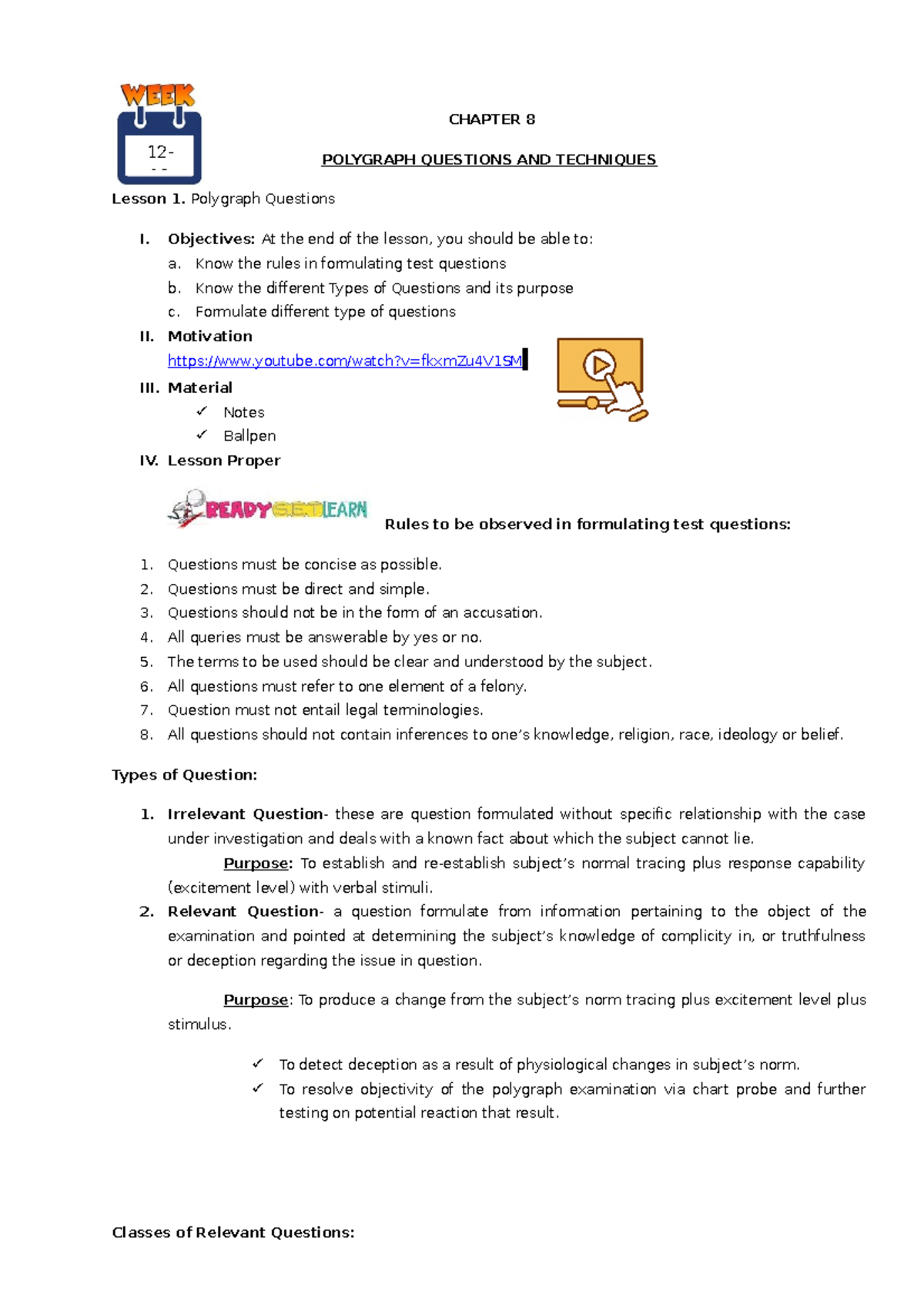 Chapter 8 - Polygraph Questions & Techniques Lesson Notes - Studocu