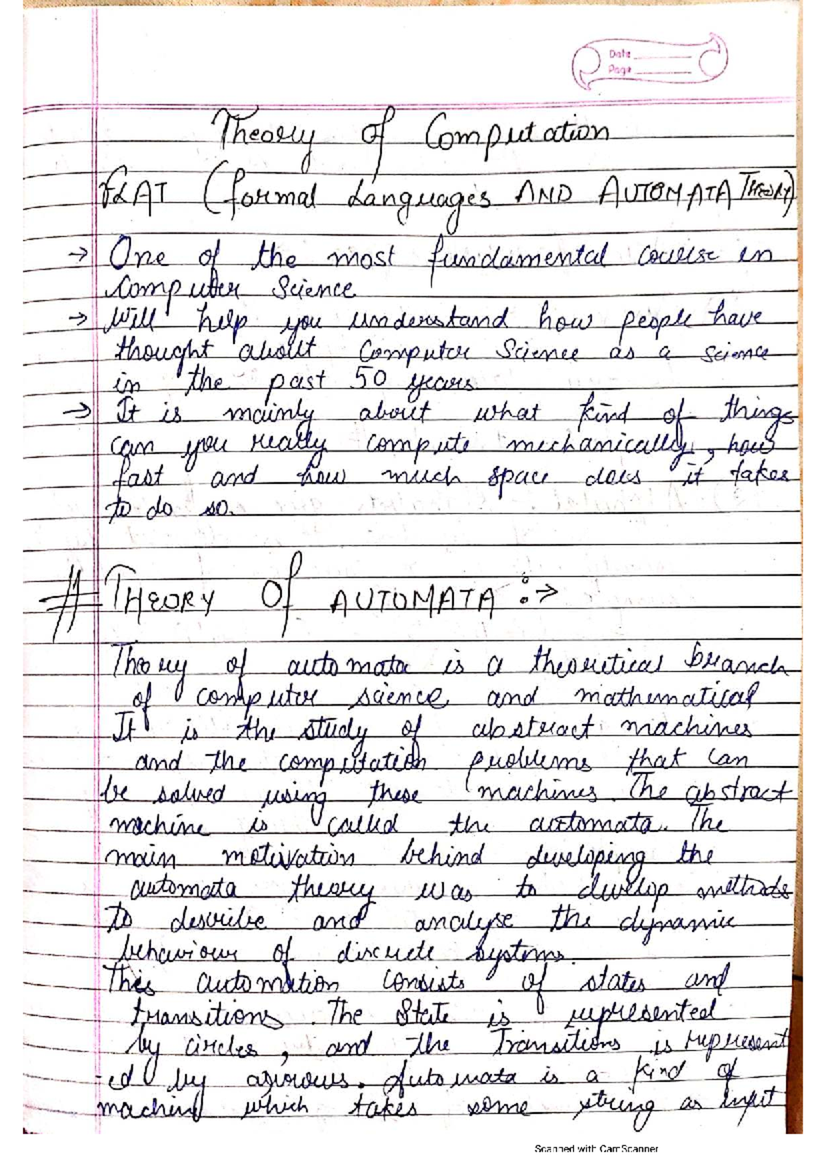 Theory of Computation: FLAT Course Notes on Automata and Languages ...