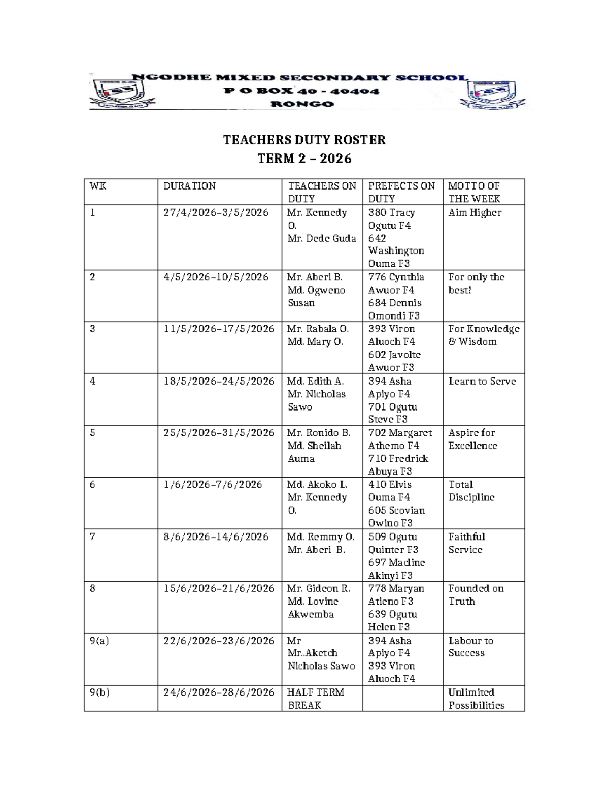 Teachers Duty Roster Term 2 2026: Weekly Schedule & Prefects - Studocu