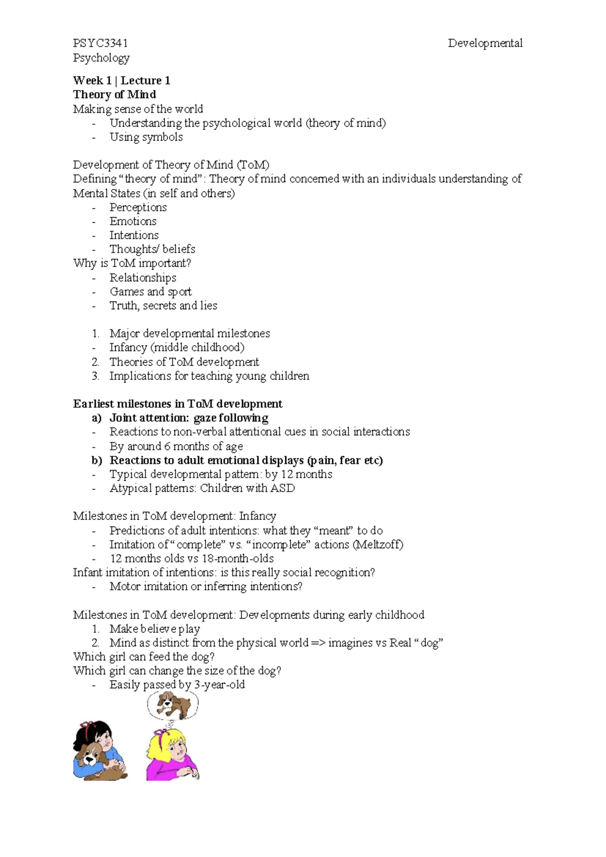 PSYC3341 Developmental Psychology Lecture Notes: Theory of Mind ...