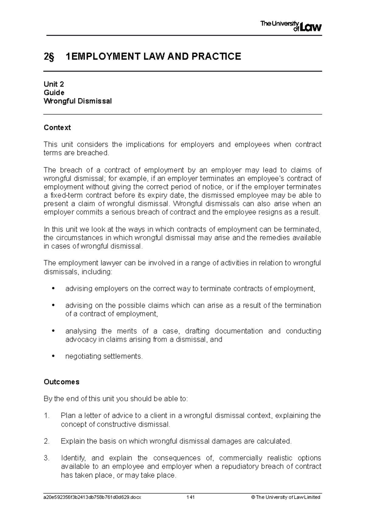 Workshop 2 - Lecture notes 2 - 2§ 1EMPLOYMENT LAW AND PRACTICE Unit 2 ...