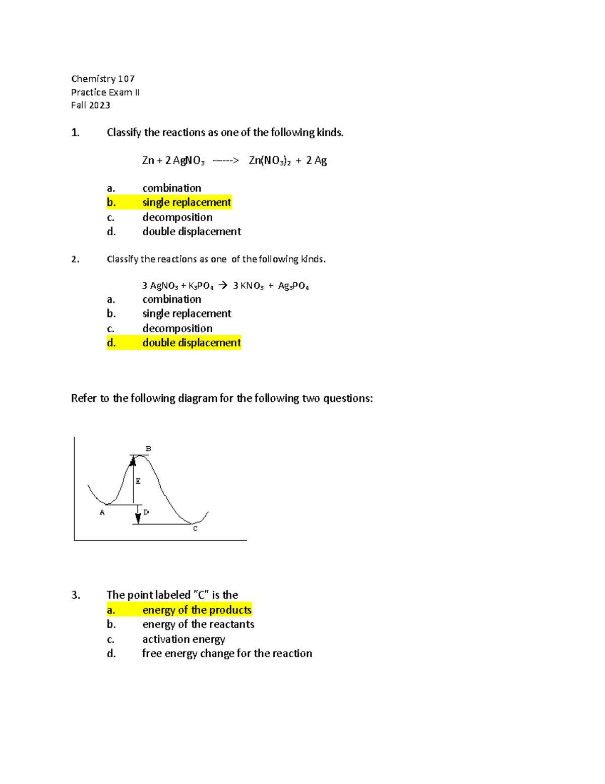 C107: Chemistry 107 Practice Exam II - Fall 2023 Review - Studocu