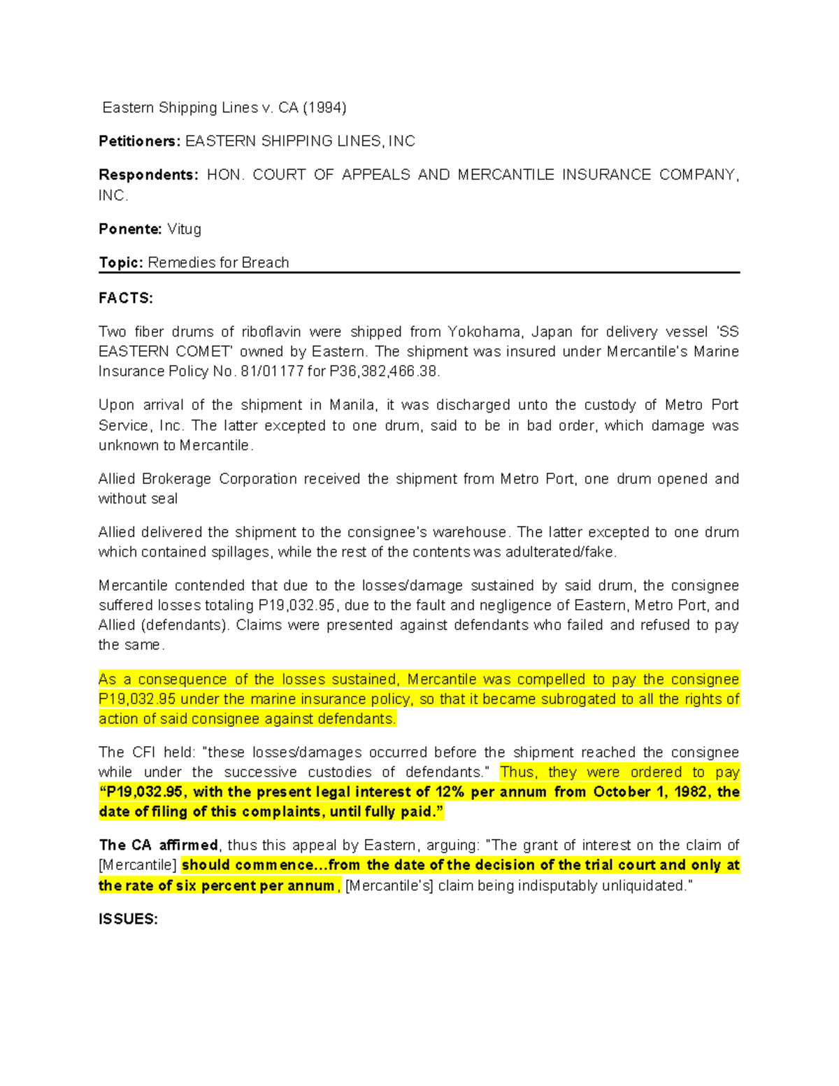Eastern Shipping Lines v. CA (1994) - Legal Interest on Damages - Studocu