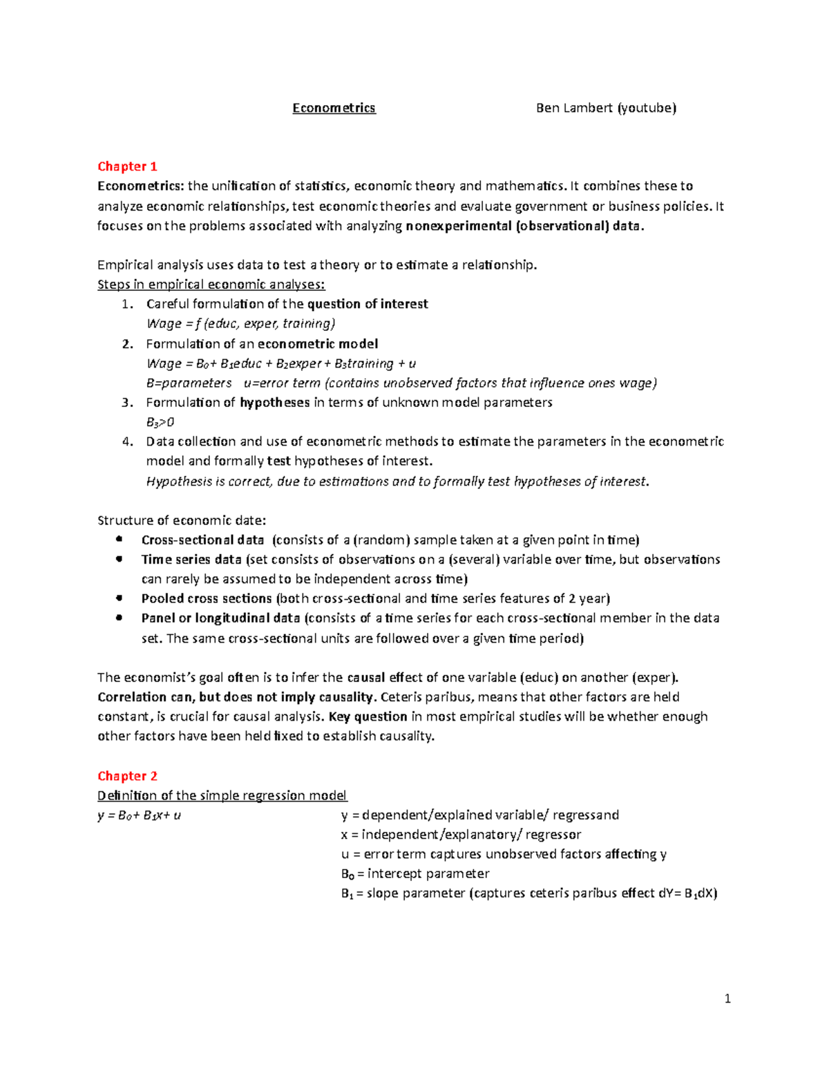 Econometrics Lecture Notes: Essential Concepts and Models (ECO 101 ...