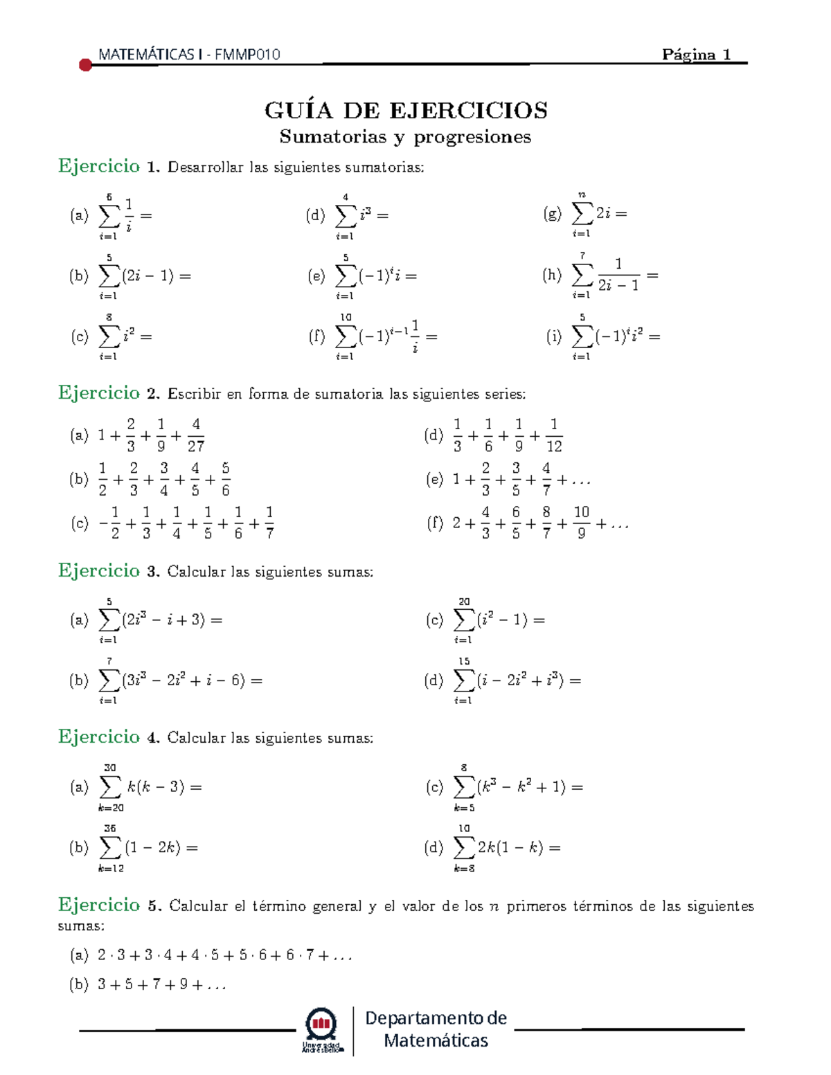 Sumatorias, progresiones - Departamento de GU ́IA DE EJERCICIOS ...