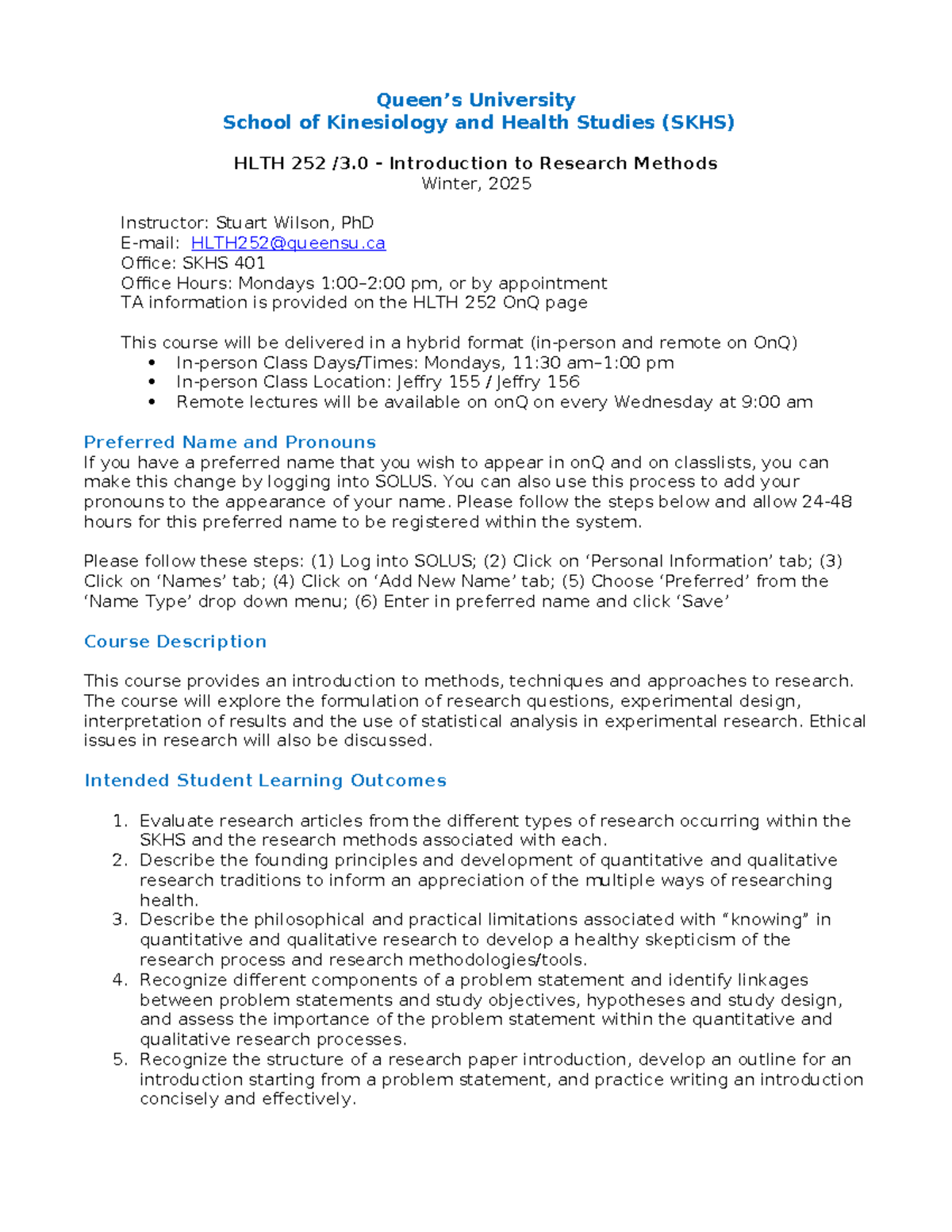 HLTH 252 Syllabus: Intro to Research Methods - Winter 2025 - Studocu
