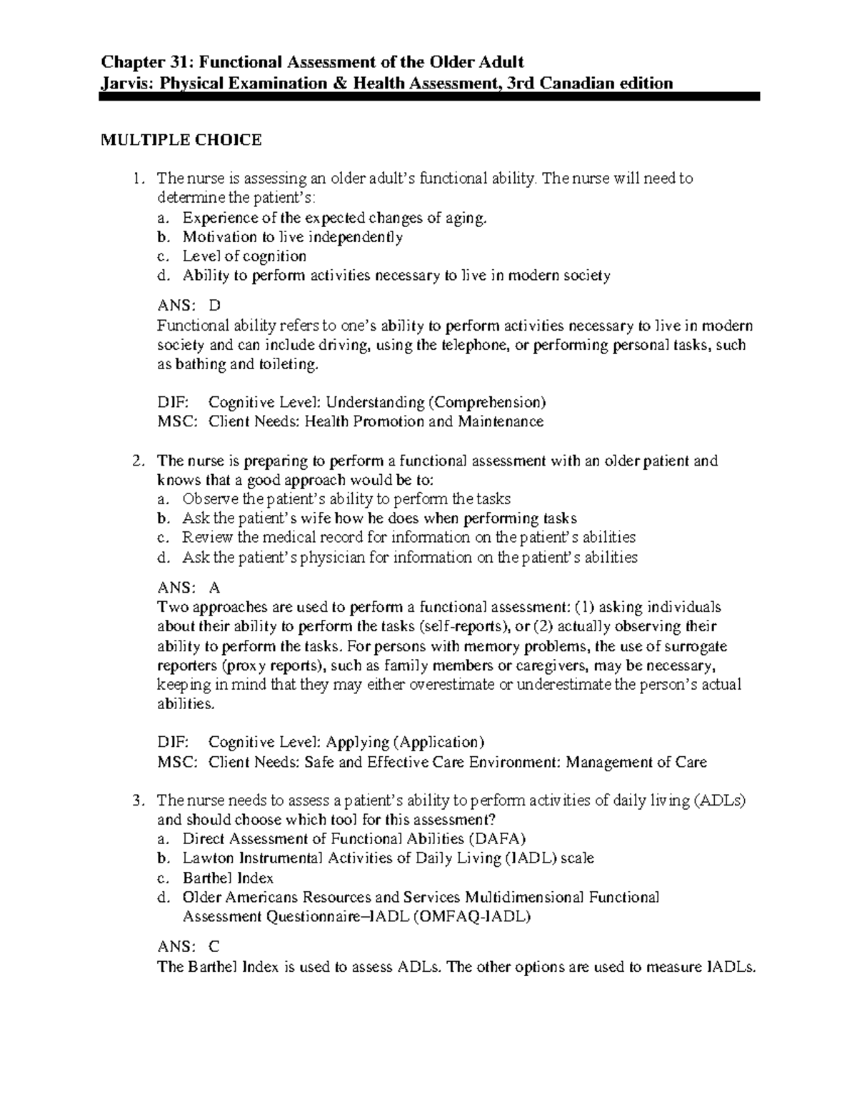 Chapter 31: Functional Assessment of Older Adults - Jarvis Test Bank ...