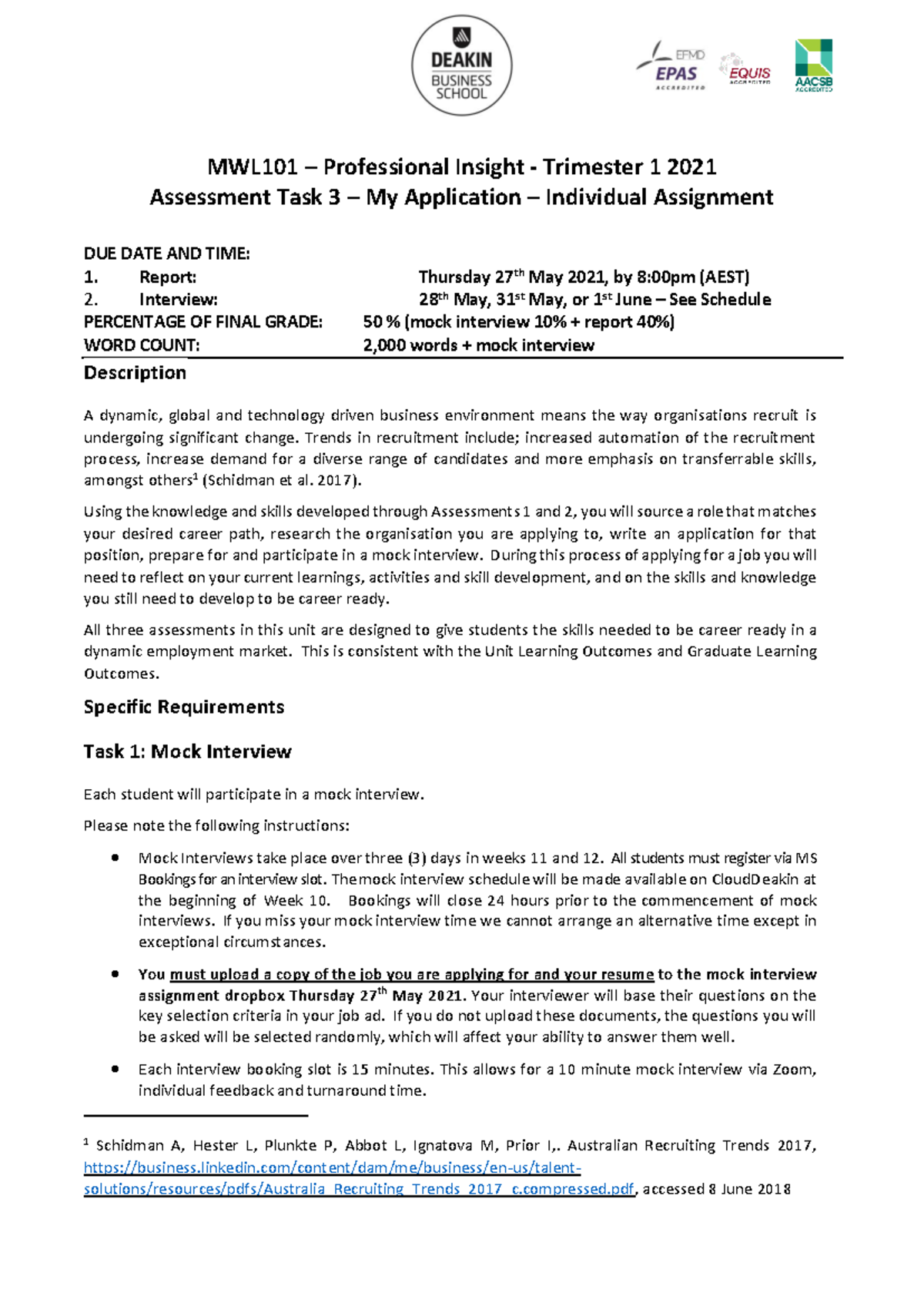 MWL101 T1 2021 Assessment 3 Brief - MWL101 – Professional Insight ...