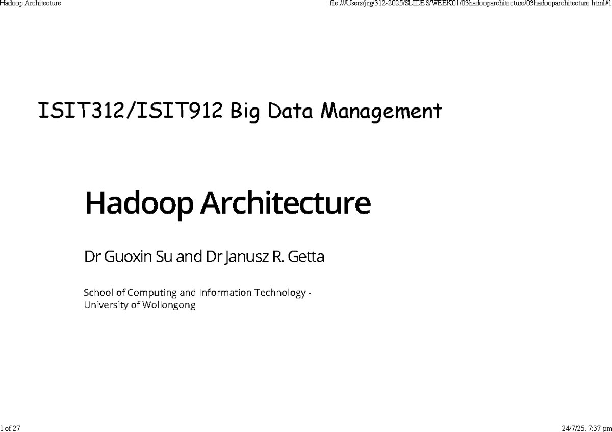 Hadoop Architecture Overview - Big Data Management (Spring 2025) - Studocu