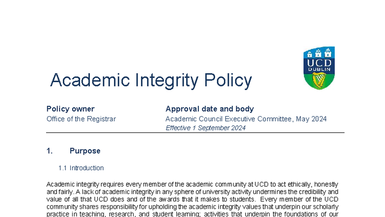 UCD Academic Integrity Policy (Effective Sept 2024) - Studocu
