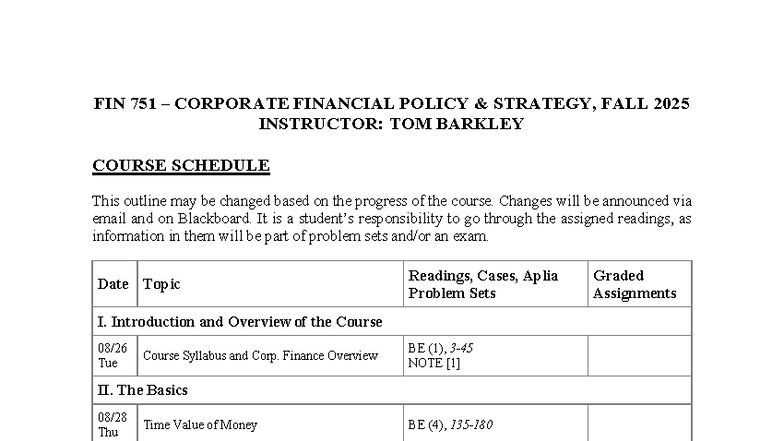 FIN 751 Fall 2025 Corporate Financial Policy Course Outline - Studocu