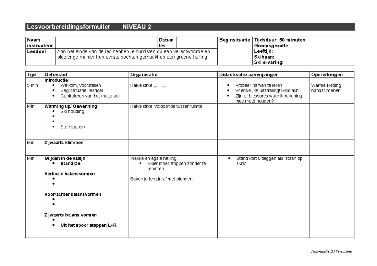 LVF Niveau 2 - Lesvoorbereidingsformulier voor Skileraar Opleiding ...