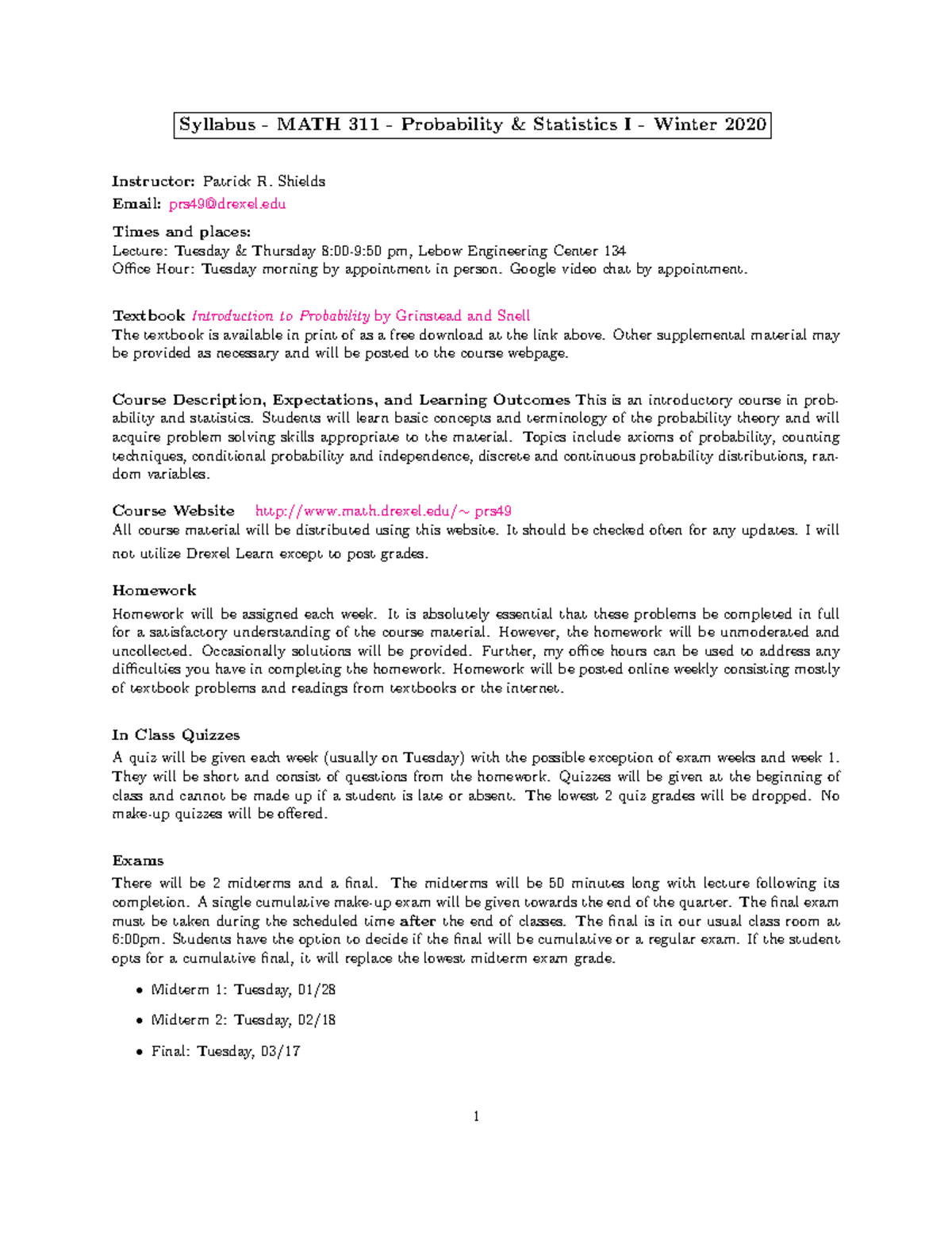 Math 311 Syllabus - Probability & Statistics I - Winter 2020 - Studocu