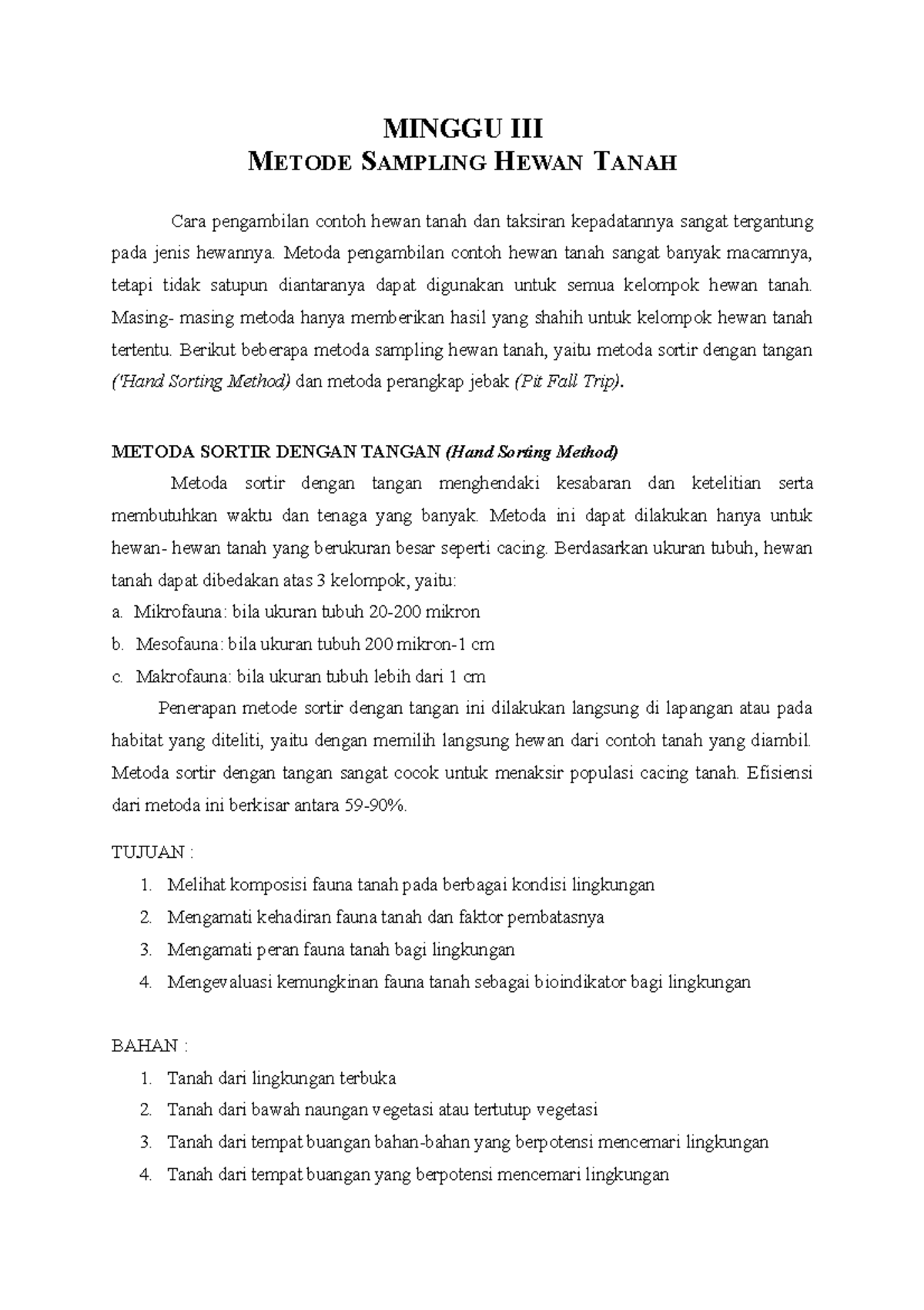 Metode Sampling Hewan Tanah dan Penaksiran Populasi Tanah - Studocu