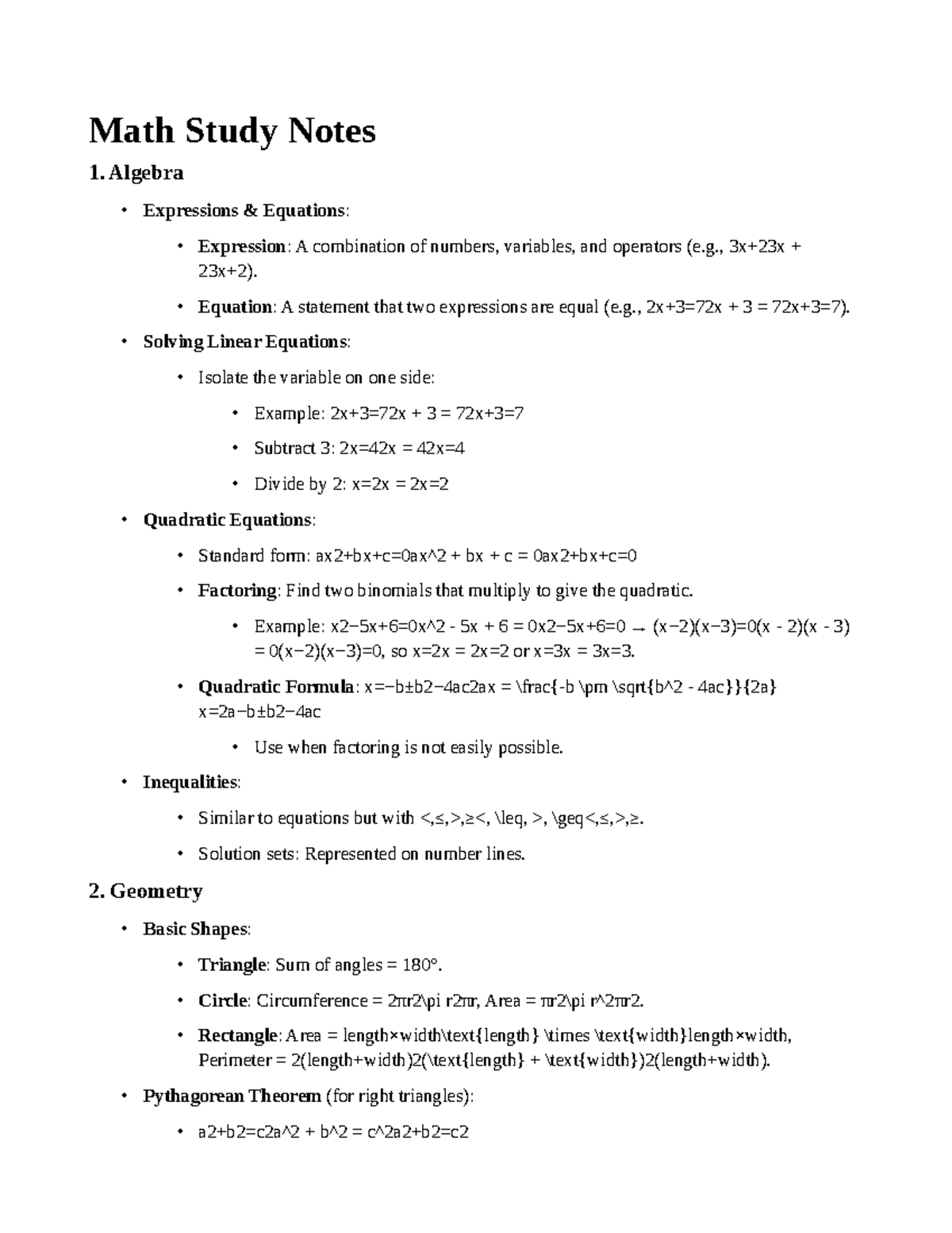 Math Study Notes 1: Algebra, Geometry, Trigonometry & Calculus - Studocu