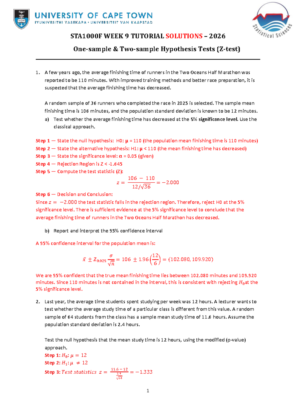 Tutorial Week 9 STA1000F 2026 Hypothesis Testing Solutions - Studocu
