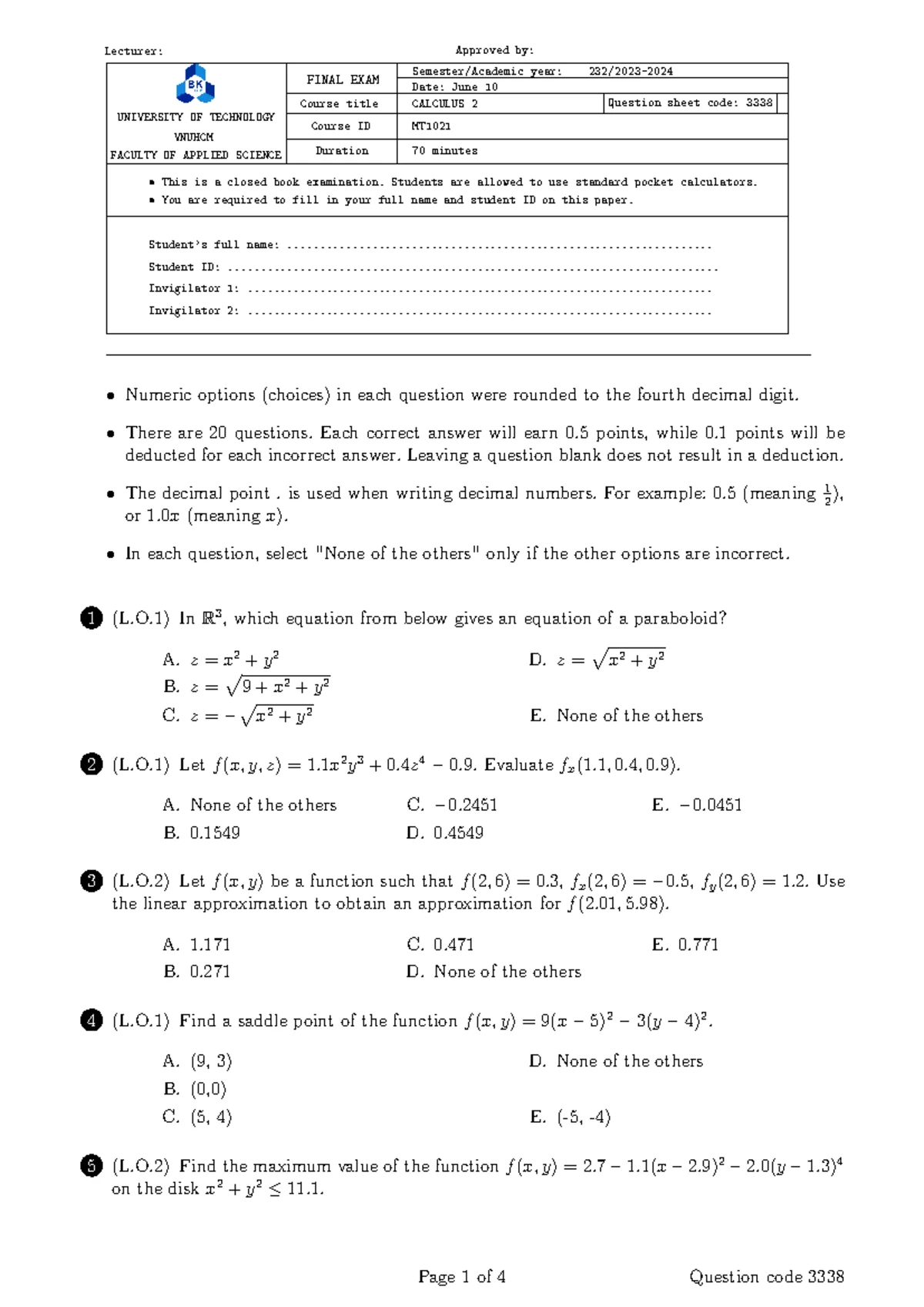 Calculus 2 Final Exam MT1021 - Question Sheet and Instructions - Studocu