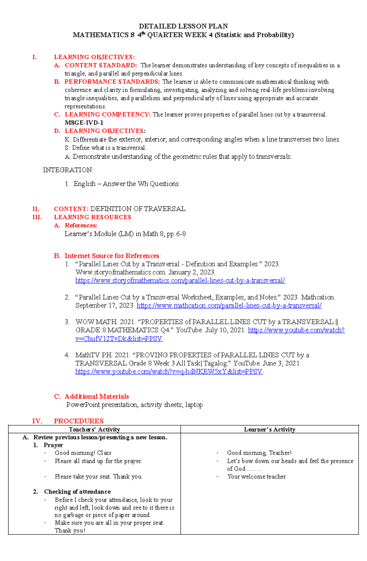 Detailed Lesson Plan: Grade 8 Math Q4 - Transversals & Angles - Studocu