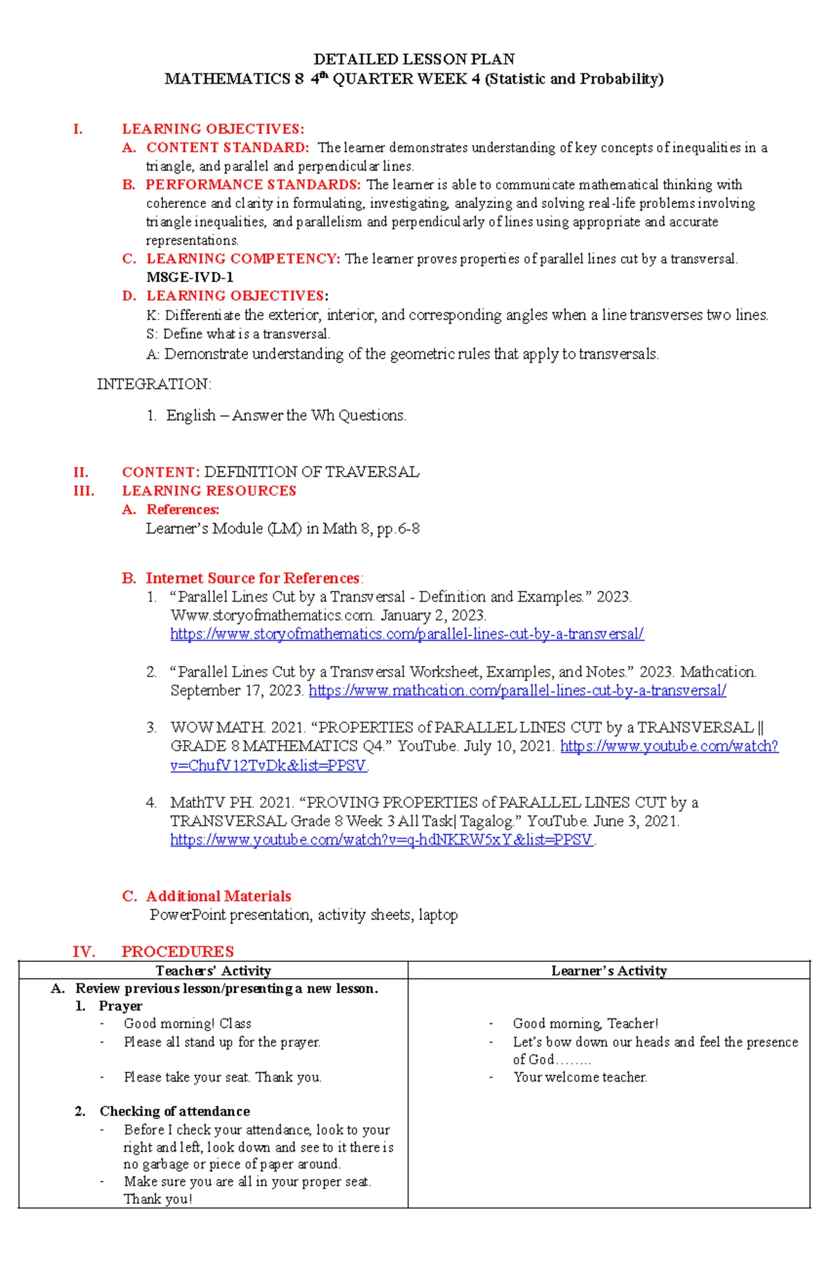 Dlp33 math7 in Math - DETAILED LESSON PLAN DLP No.: 33 Learning Area ...
