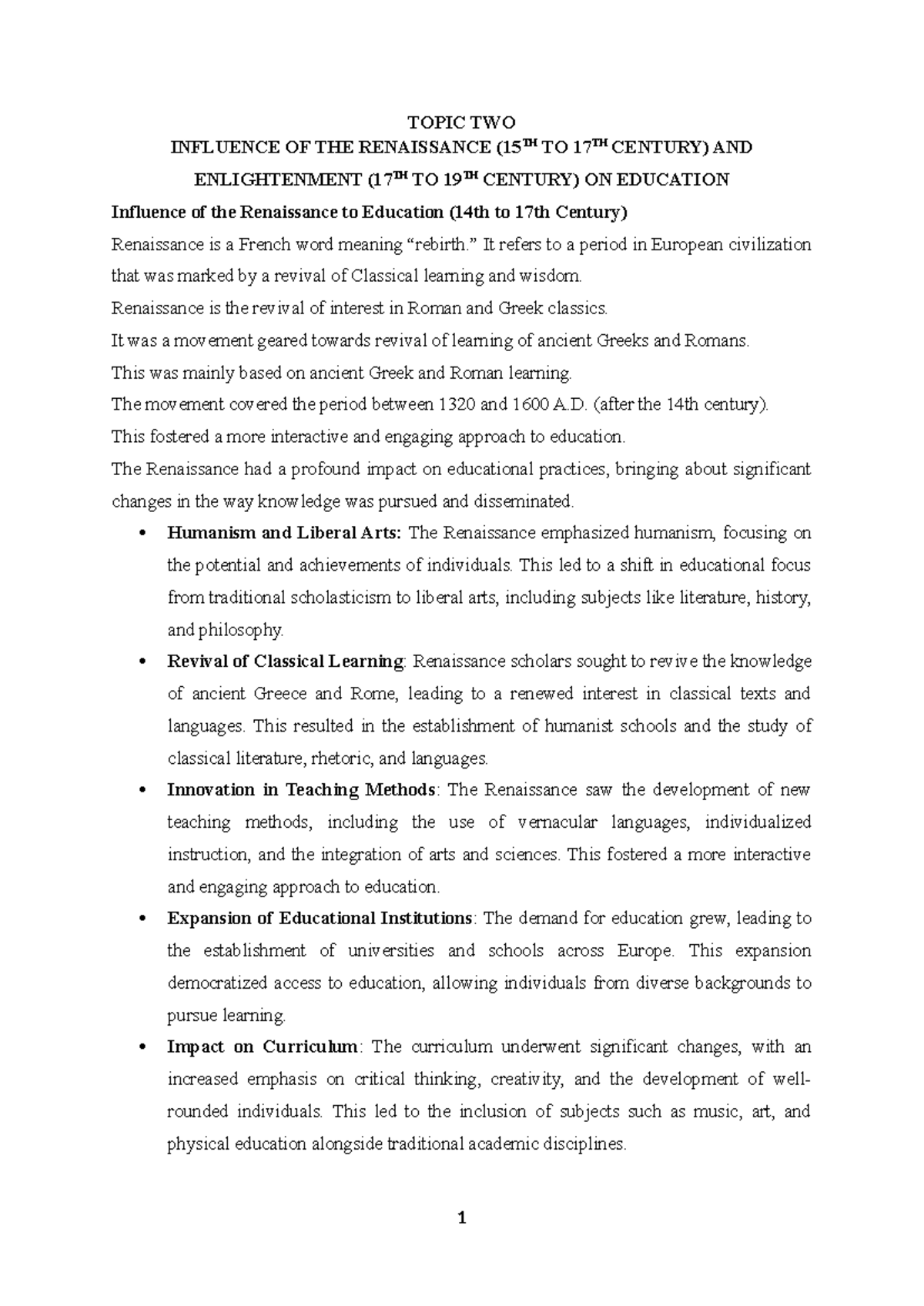 History Topic 2: Renaissance (15th-17th Century) & Enlightenment Impact ...