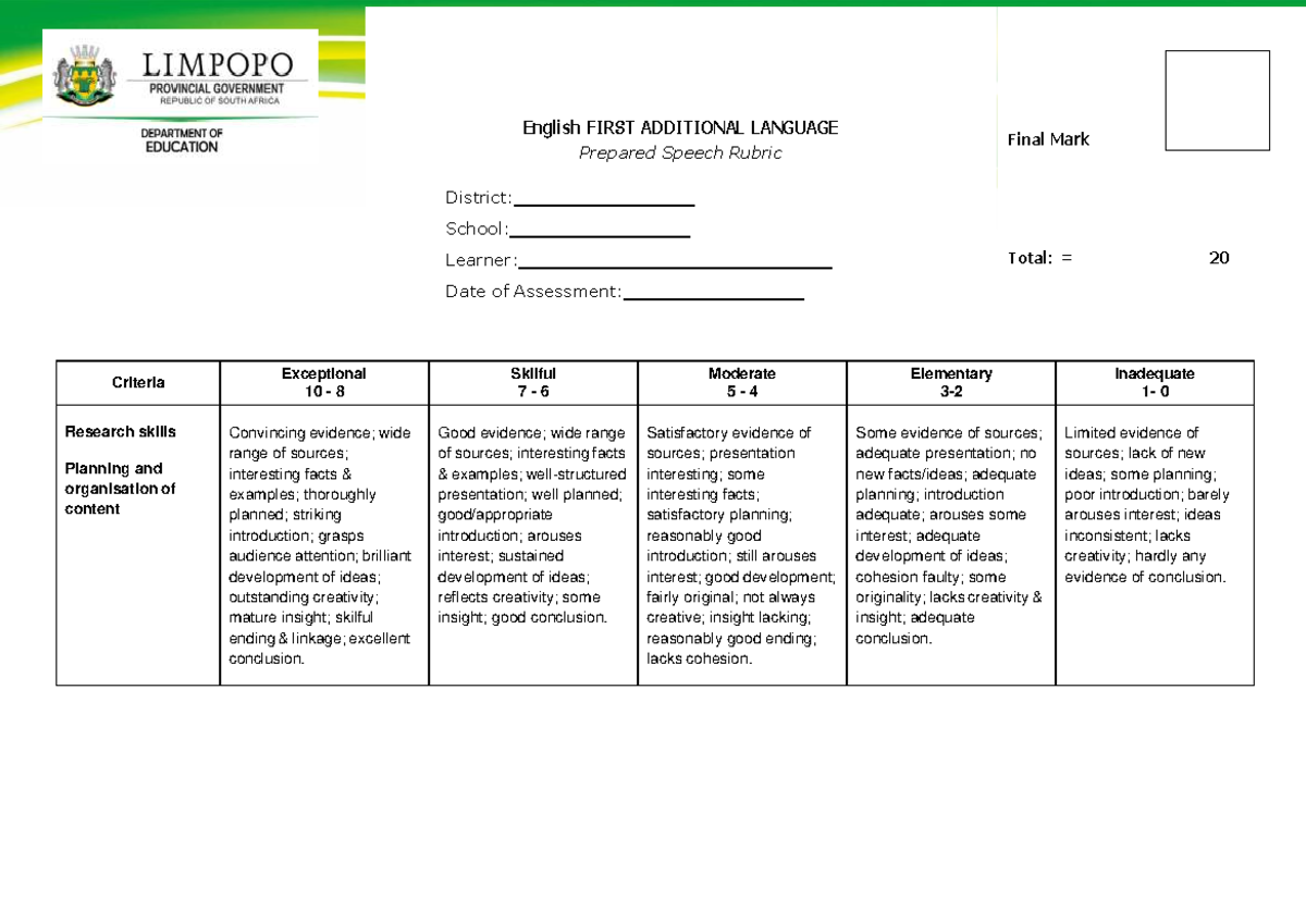 ENGFA Prepared Speech Rubric: Assessment Criteria & Scoring - Studocu