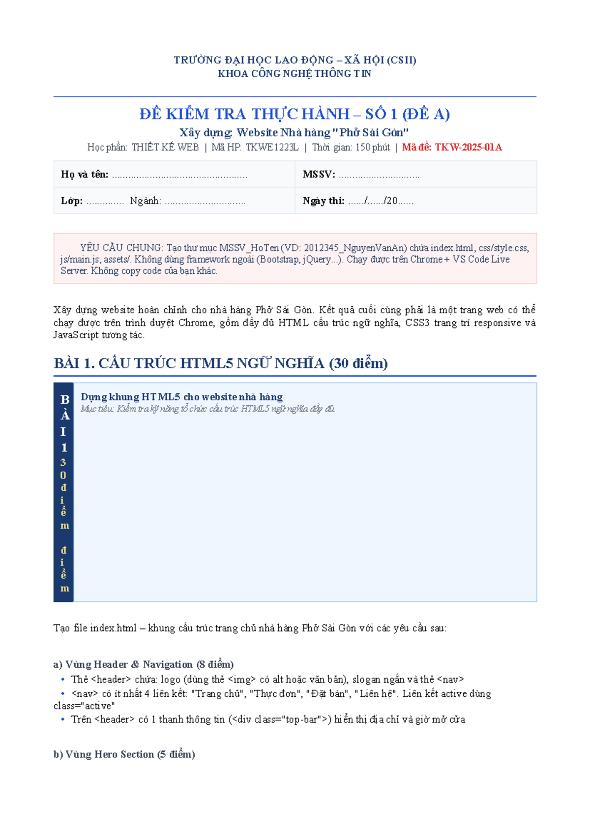 ĐỀ KIỂM TRA THỰC HÀNH SỐ 1 (ĐỀ A) - THIẾT KẾ WEB (TKWE1223L) - Studocu