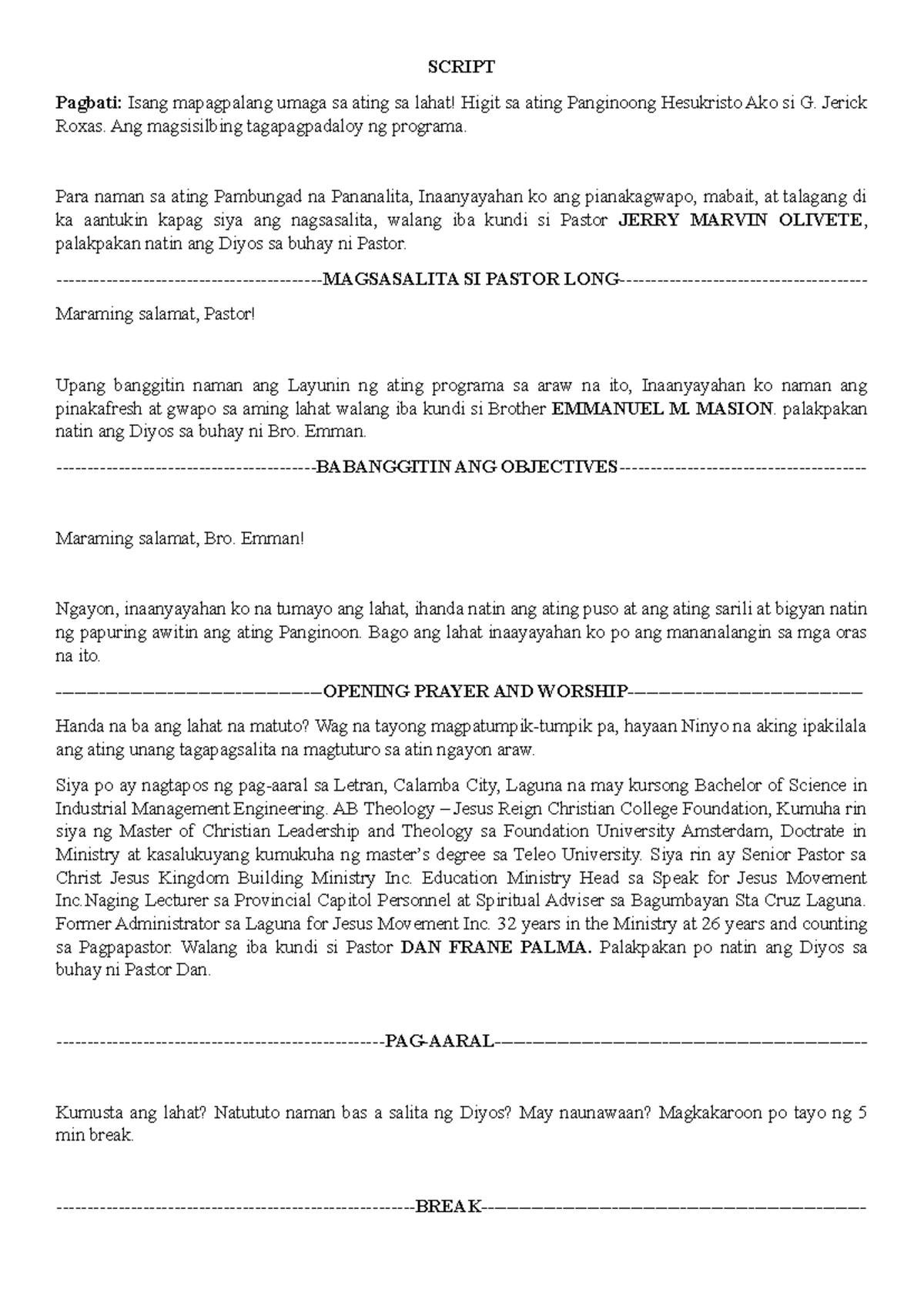 Script ng Programa: Pambungad at Mga Layunin ng Pag-aaral - Studocu