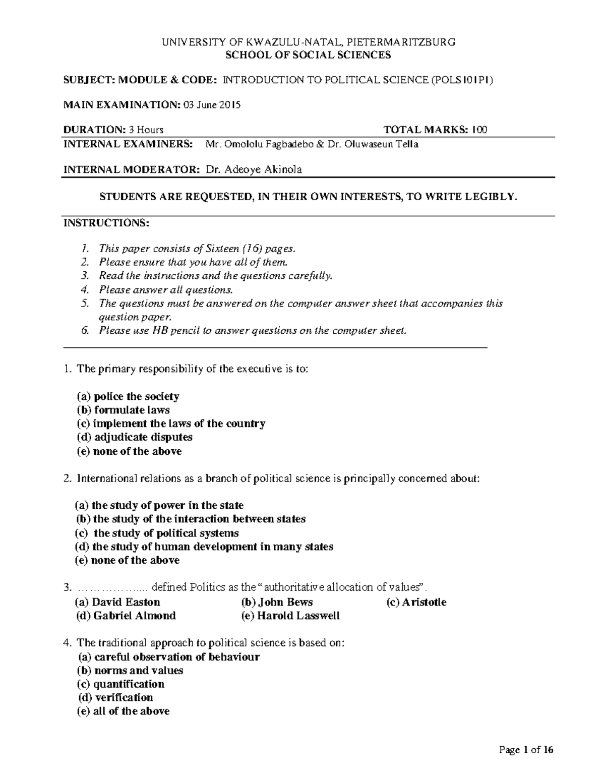 POLS101P1 Final Exam June 2015: Questions and Instructions - Studocu
