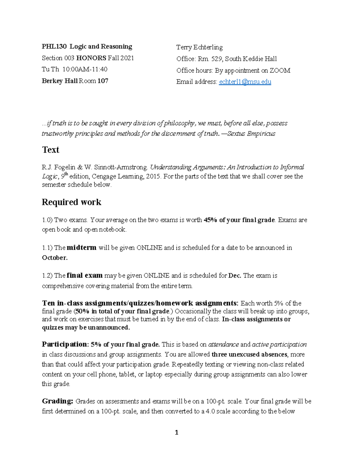 PHL 130 Syllabus: Logic and Reasoning (Honors) Fall 2021 - Studocu