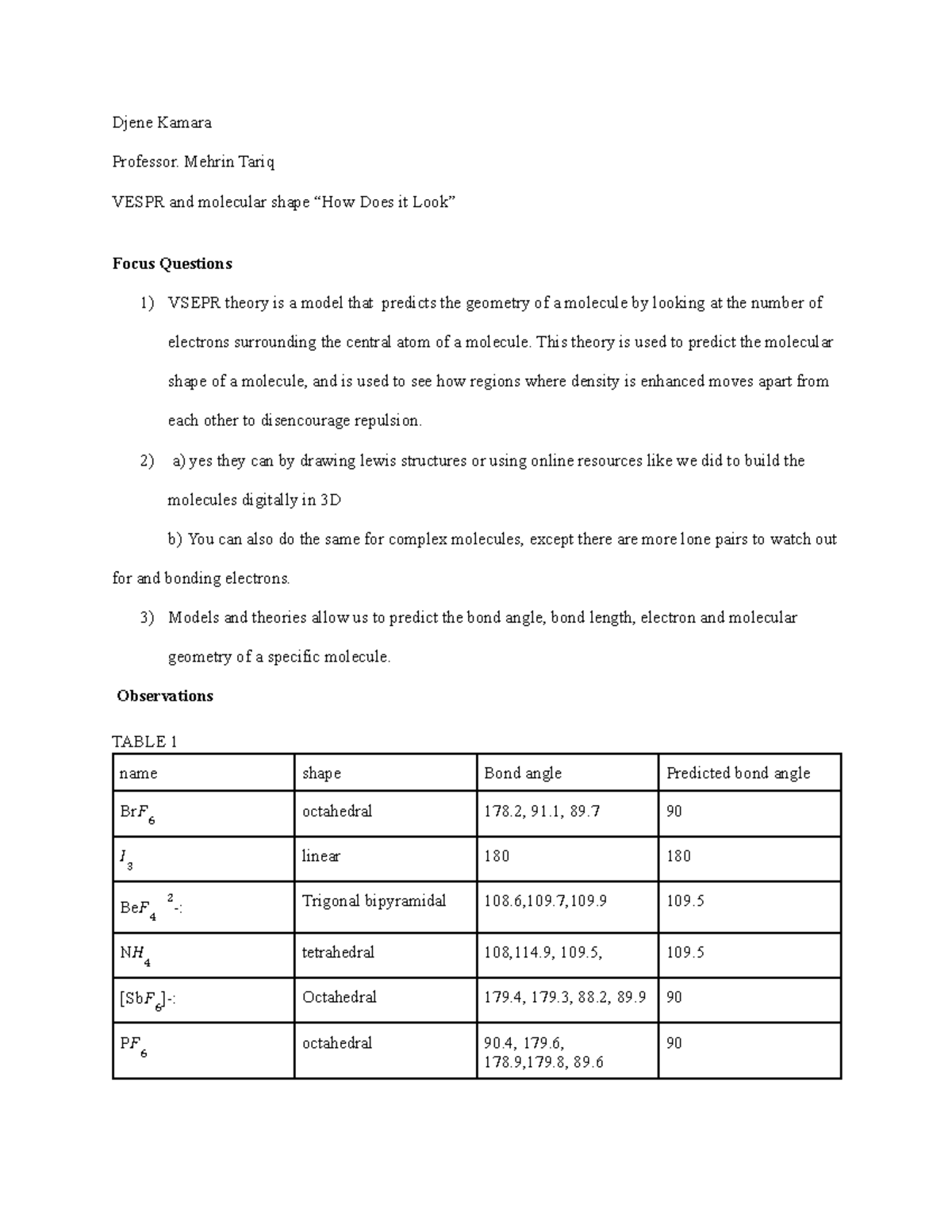 Lab 6: VSEPR Theory and Molecular Geometry Analysis - Studocu