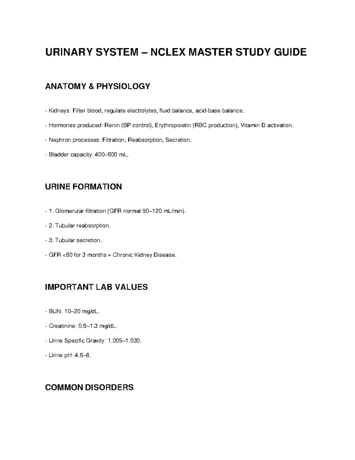 URINARY SYSTEM NCLEX MASTER STUDY GUIDE: ANATOMY & PHYSIOLOGY - Studocu