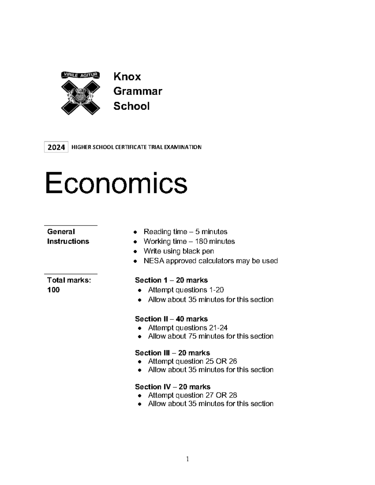 Knox Grammar School 2024 HSC Trial Exam Economics - Studocu