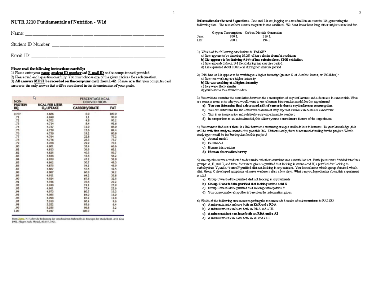 Exam 2016, questions and answers - NUTR 3210 Fundamentals of Nutrition ...