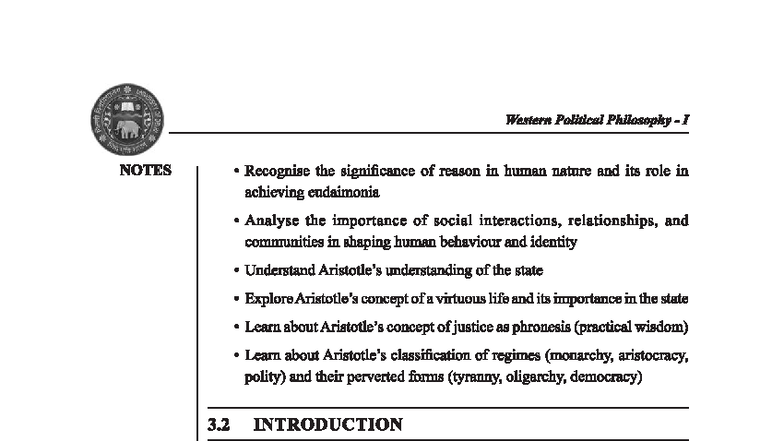 UNIVERSITY 11003 Western Political Philosophy I ABI Notes on Aristotle ...