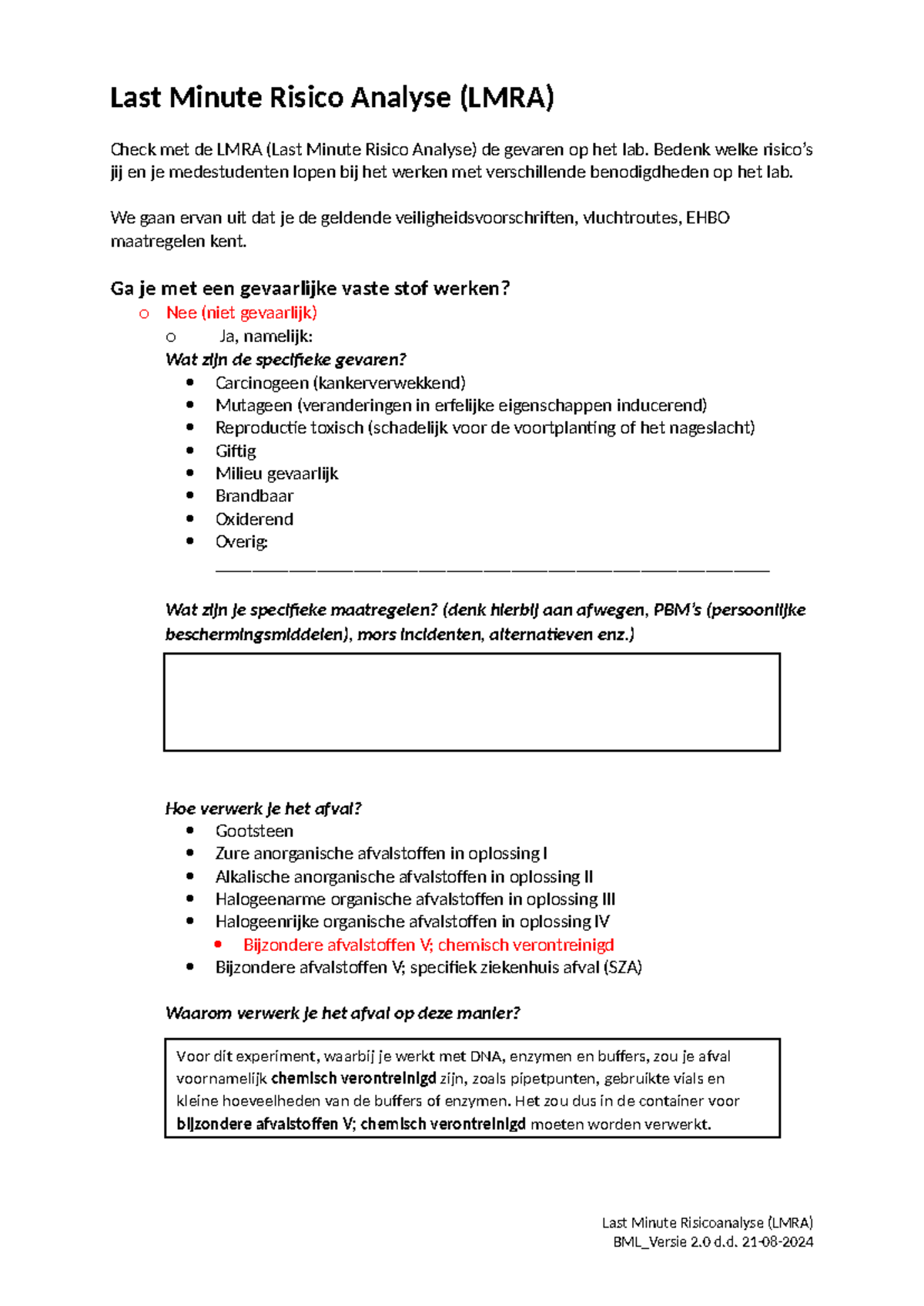 Last Minute Risico Analyse (LMRA) voor Laboratoriumveiligheid - Studocu