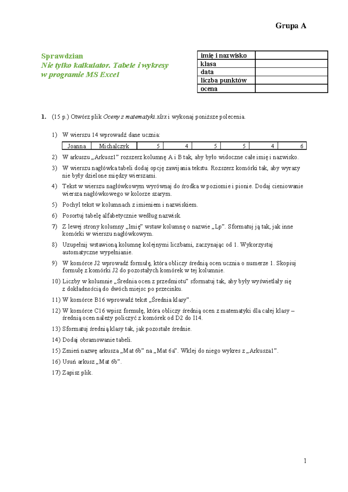 Sprawdzian Informatyka Excel Microsoft Zadania Pdf