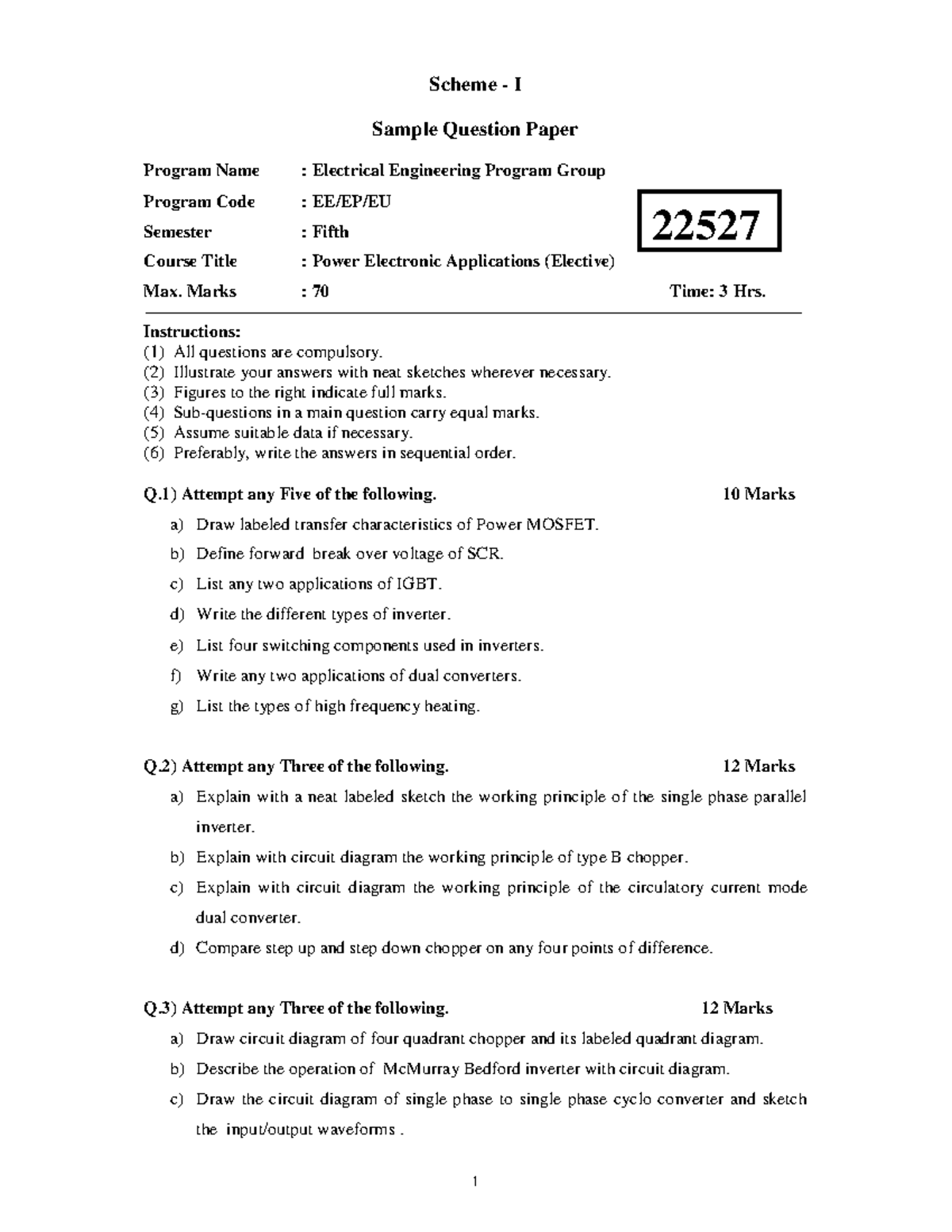 22527 - Sample Question Paper for Power Electronics Applications ...