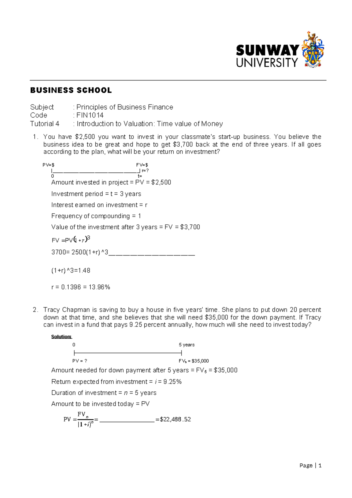 FIN Tutorial 4: Introduction to Valuation - Time Value of Money - Studocu