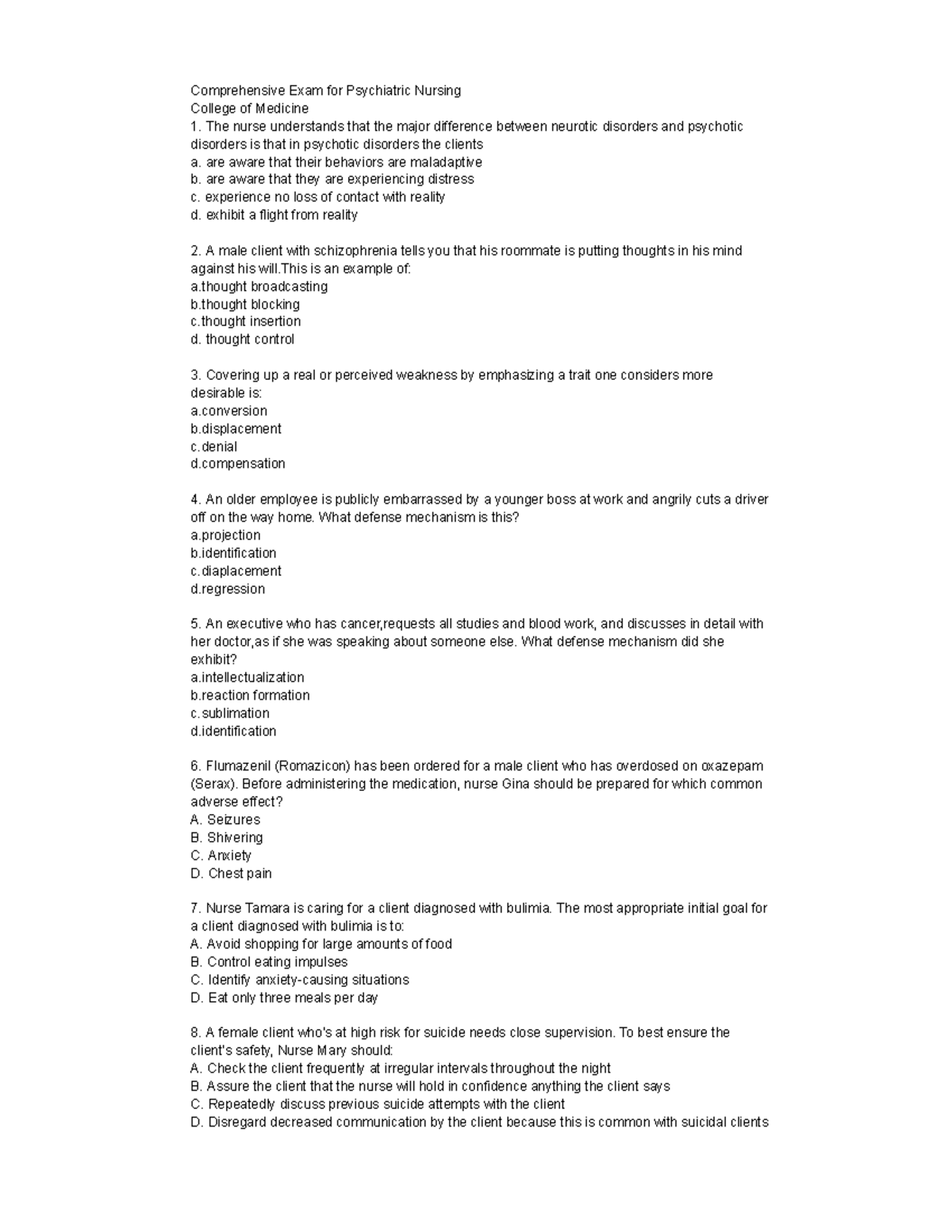 Comprehensive Exam Practice Questions for Psychiatric Nursing (CM 1 ...
