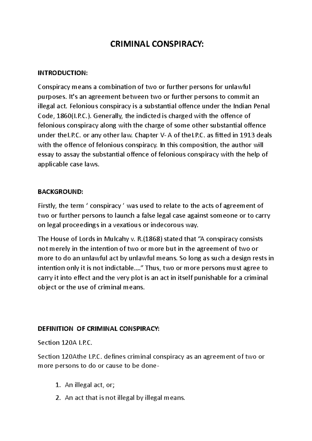 IPC Project - Analysis of Criminal Conspiracy under IPC - Studocu