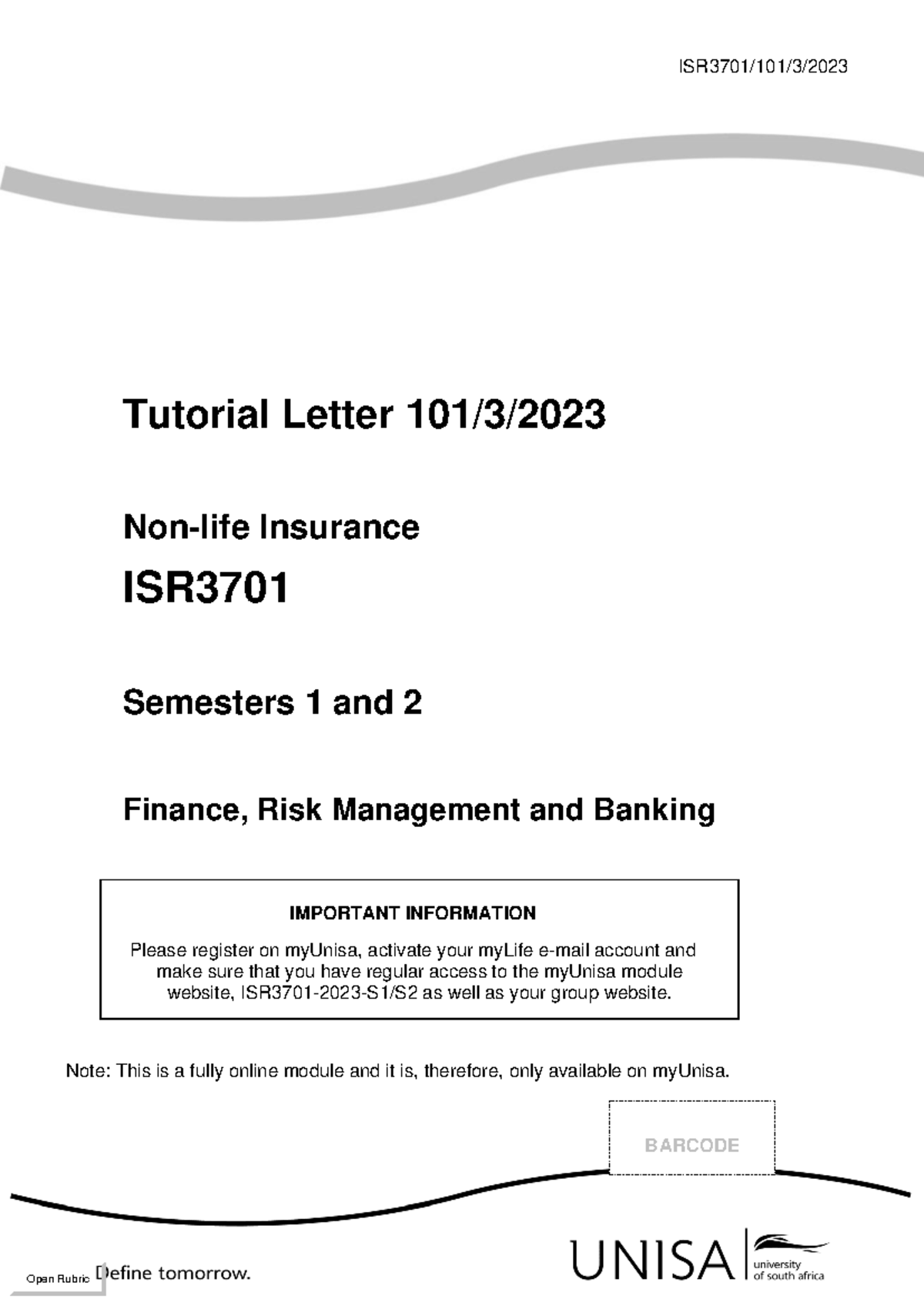 101 2023 3 b - ISR3701/101/3/ Tutorial Letter 101/3/ Non-life Insurance ...
