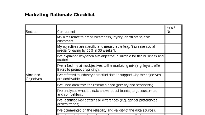 Marketing Rationale Checklist for Brand Awareness & Loyalty - Studocu